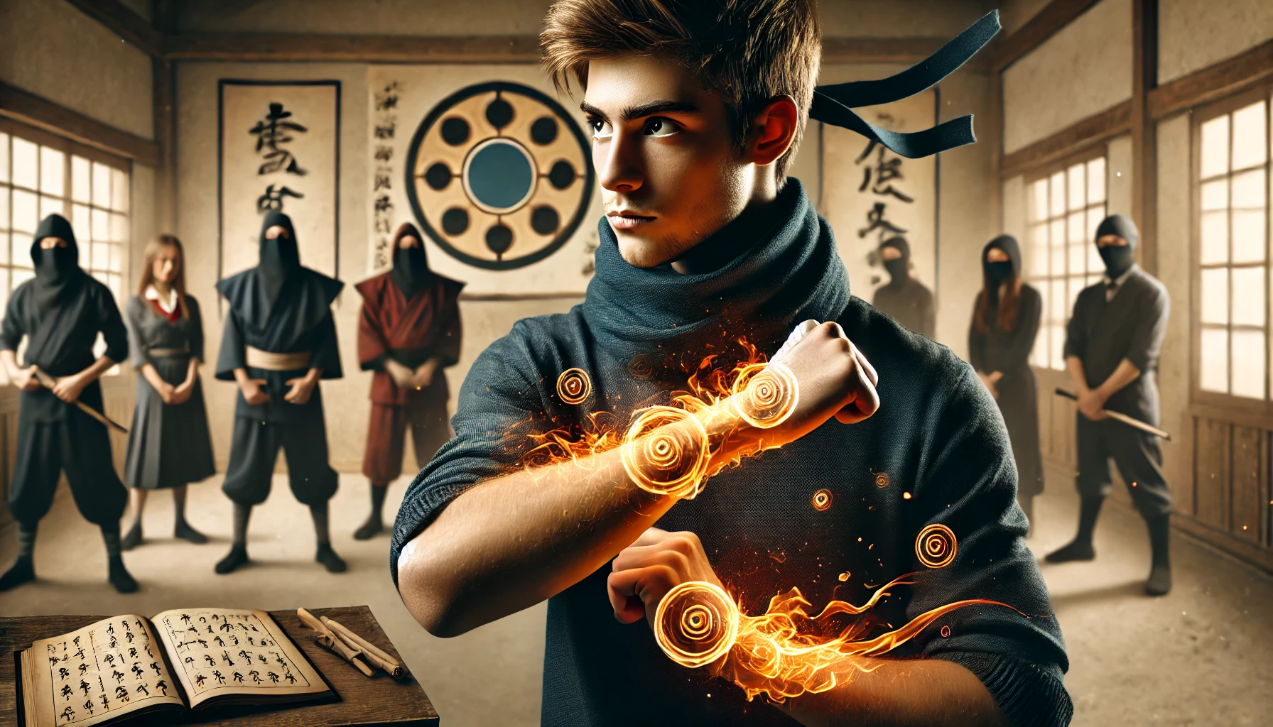 A high school student with the ability to emit flames from his arm, fascinated by ninja. The image focuses on the secretive ninja organization he is part of, showing the student in a traditional ninja setting with other ninja members and symbolic elements like scrolls and training grounds.