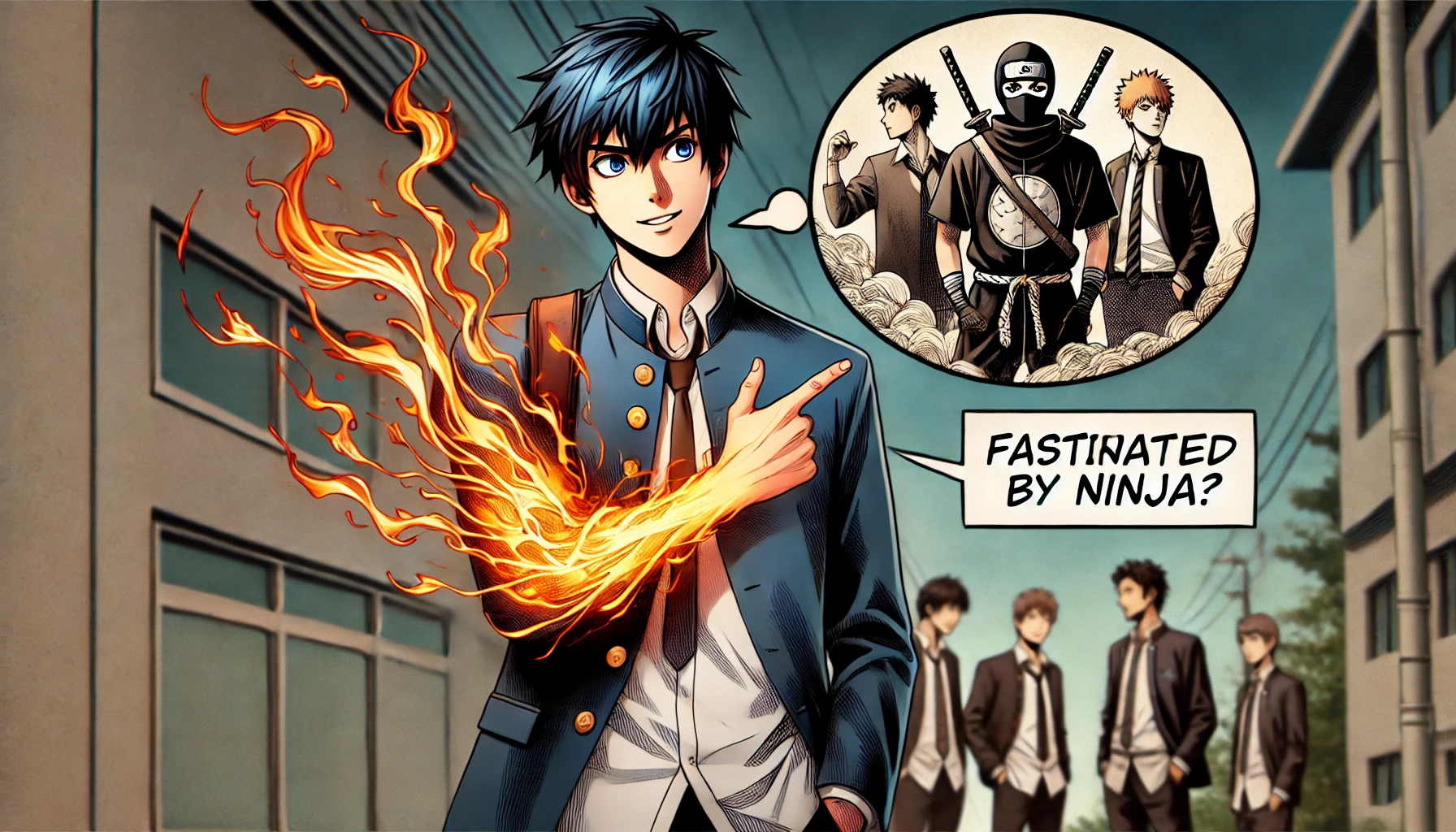 A high school student with the ability to emit flames from his arm, fascinated by ninja, highlighting the similarities with another manga by the same author. The image shows the high school student in a modern setting with a fiery arm and elements from the similar manga in the background, such as characters or scenes.