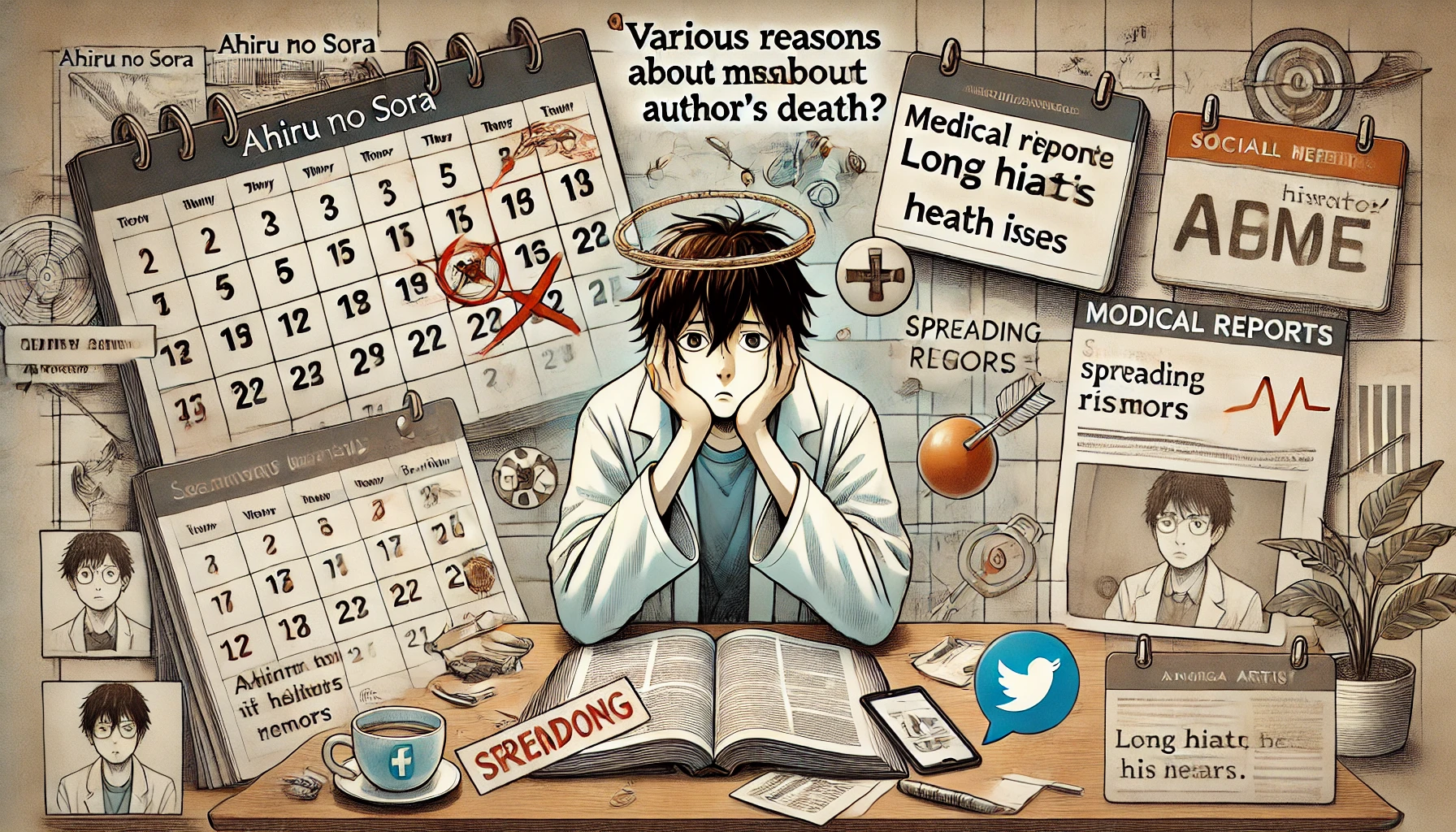 An illustrative scene showing various reasons for the misunderstanding about the 'Ahiru no Sora' author's death. The image includes elements like a calendar marking long hiatus periods, medical reports indicating health issues, social media icons for spreading rumors, and an upset manga artist. The background is a mix of a digital space and a manga studio.