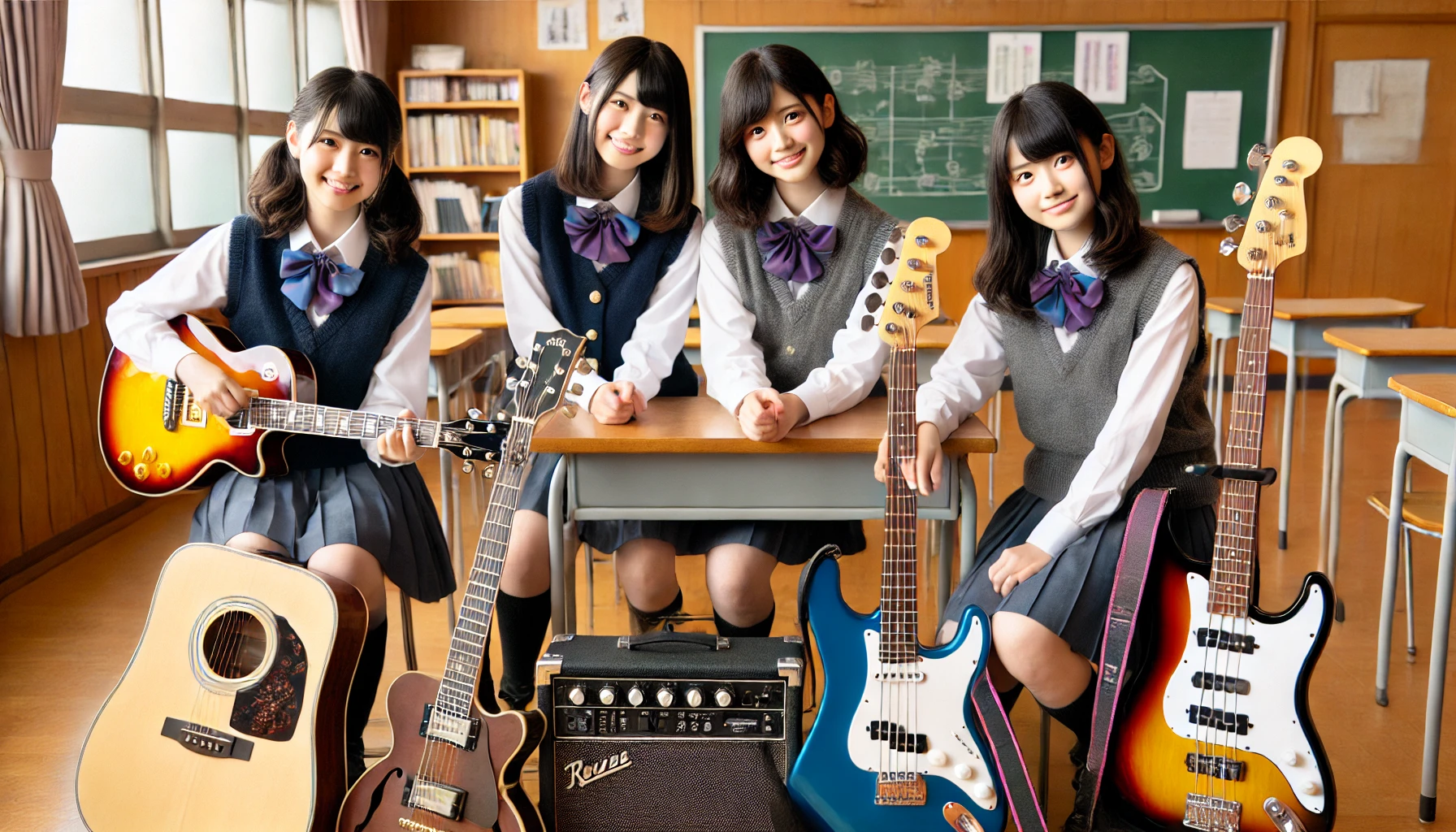 Four Japanese high school girls in a light music club, sitting together with musical instruments like guitars, a bass, and a keyboard in a classroom. They are smiling and having a good time.