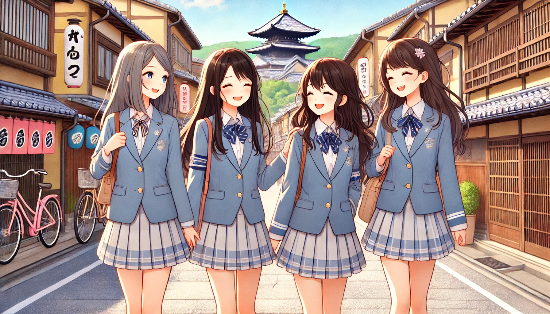 Four Japanese high school girls in their light music club uniforms, walking together and chatting happily in a scenic Kyoto street with traditional buildings in the background.