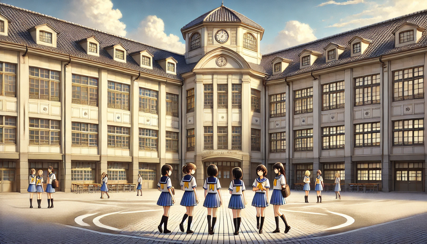 A U-shaped school building with a classic design, featuring large windows and a central courtyard, where four Japanese high school girls in their light music club uniforms are seen walking and chatting.