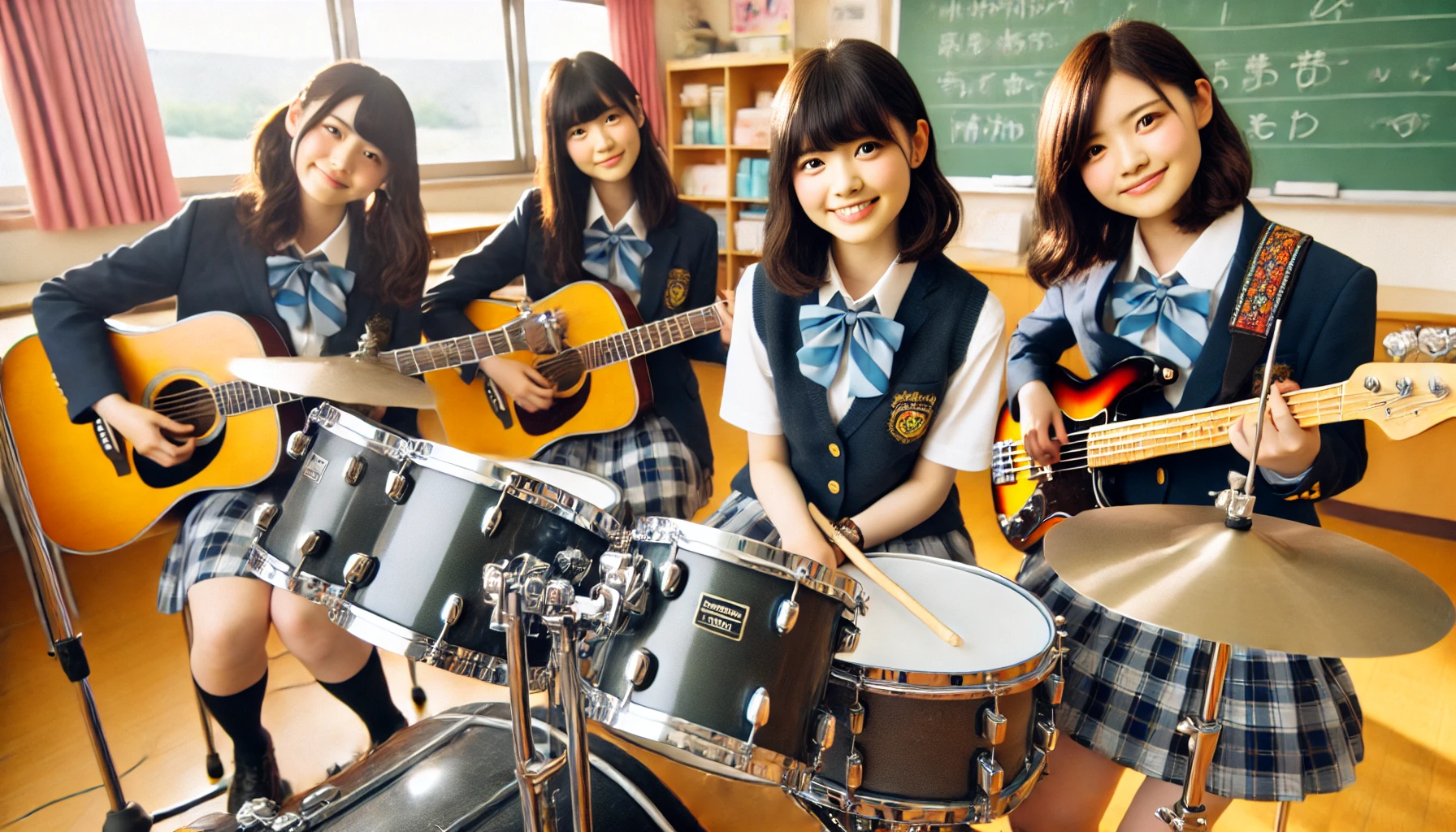 Four Japanese high school girls in a light music club, with a drum set, guitar, bass, and keyboard, sitting together in a classroom. They are smiling and having a good time.