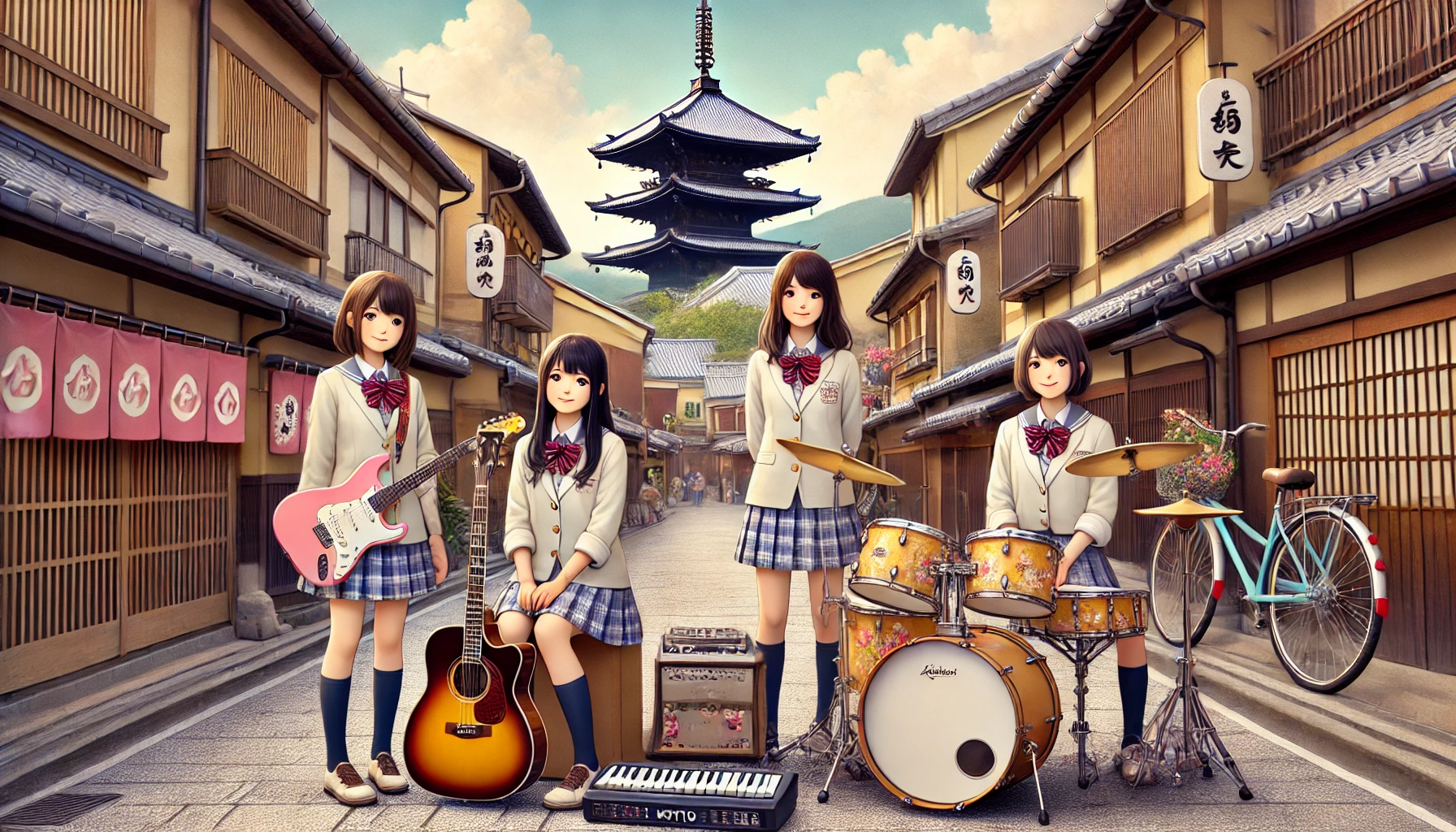 Four Japanese high school girls in their light music club uniforms, with a drum set, guitar, bass, and keyboard, enjoying their time in a scenic Kyoto street with traditional buildings in the background.