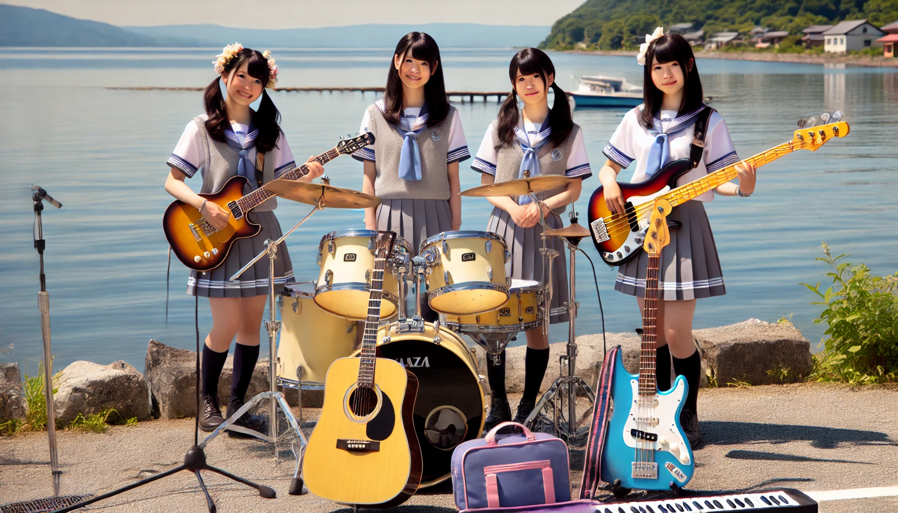 Four Japanese high school girls in their light music club uniforms, with a drum set, guitar, bass, and keyboard, enjoying their time by the shore of Lake Biwa in Shiga, with the lake in the background.