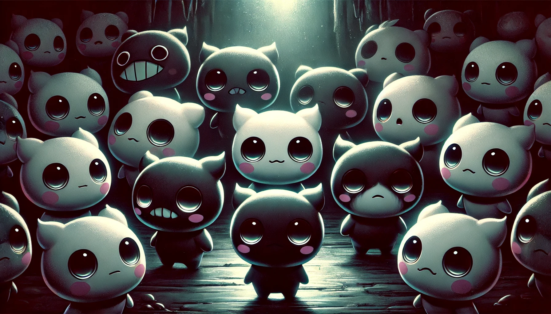 A group of cute, cartoonish characters with a dark and eerie atmosphere. The characters are small, round, and resemble little creatures similar to 'chiikawa' but with an unsettling, ominous aura. The background is shadowy with dark hues, giving a sense of mystery and gloom. The characters have expressions that mix innocence with hints of fear or sadness, creating a contrasting and captivating visual.