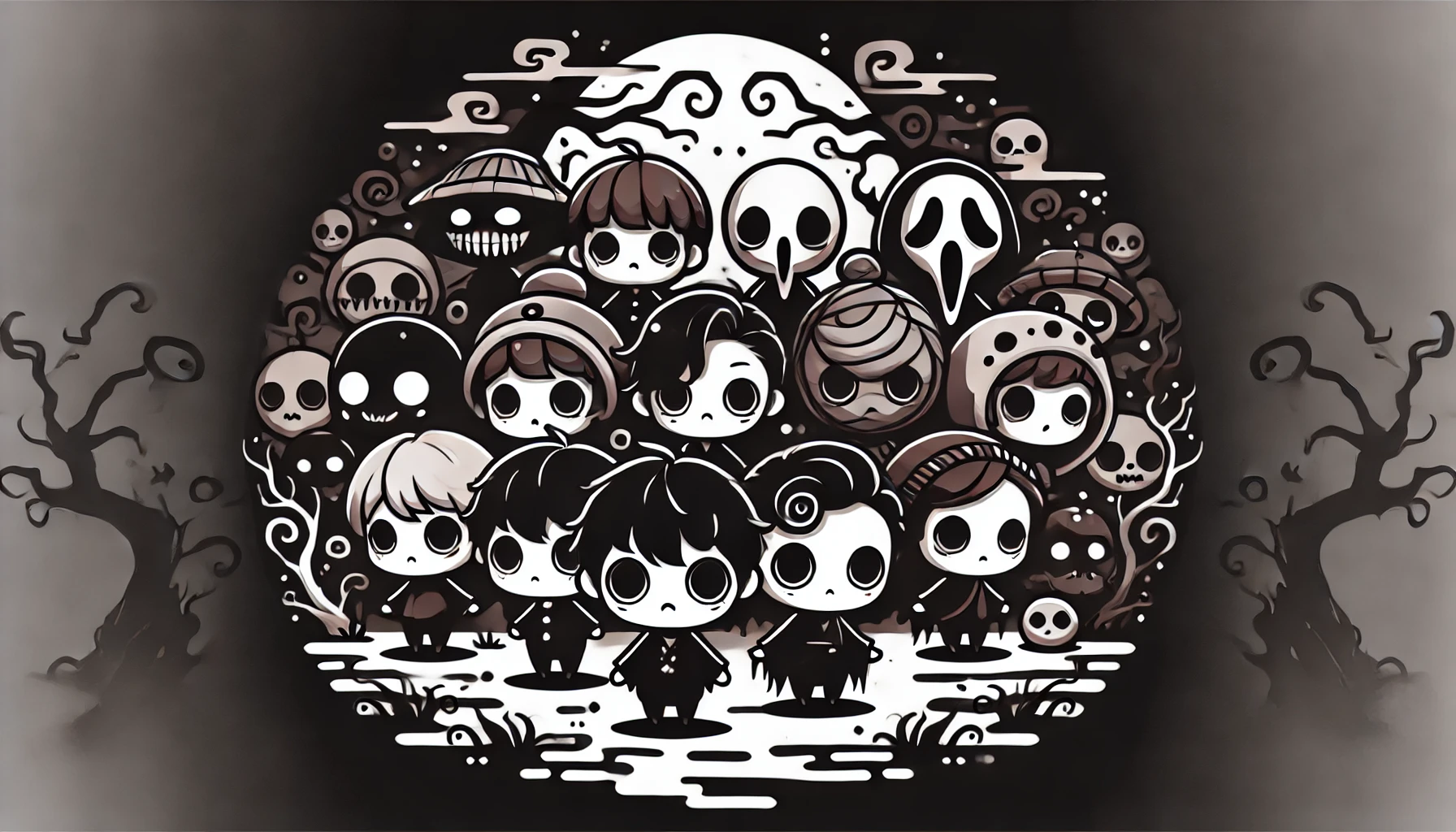 A group of cute, cartoonish characters with a dark and eerie setting. The characters, resembling 'chiikawa' style, are small and round, surrounded by dark shadows. The scene includes spooky elements such as twisted trees and a foggy background, enhancing the sense of mystery and gloom. The characters have expressions that mix innocence with hints of fear or sadness, creating a striking contrast in the visual.