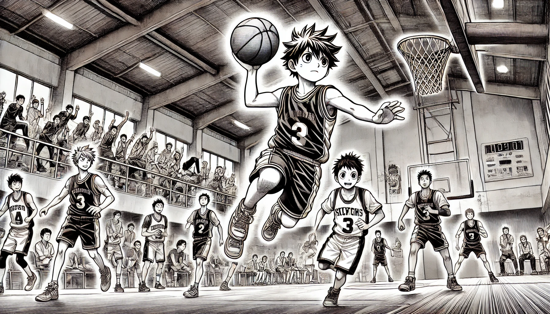 A detailed illustration of a scene from the basketball manga 'Ahiru no Sora,' featuring the small protagonist actively playing basketball in a high school gymnasium. The protagonist is seen making an impressive play. The background includes teammates and spectators cheering. The setting is dynamic and energetic.