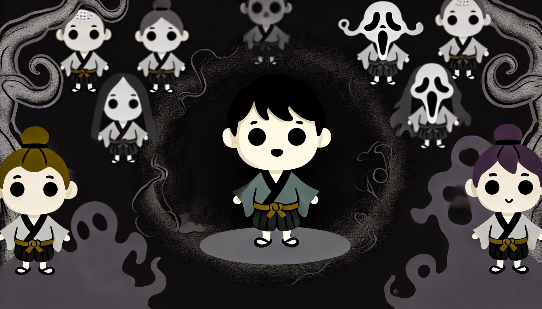 Cartoonish characters with a dark and eerie atmosphere, resembling 'chiikawa' style. The characters are small, round, and placed in a setting with dark shadows and spooky elements like twisted trees and a foggy background. Their expressions mix innocence with hints of fear or sadness, creating a sense of contrast and mystery in the visual.