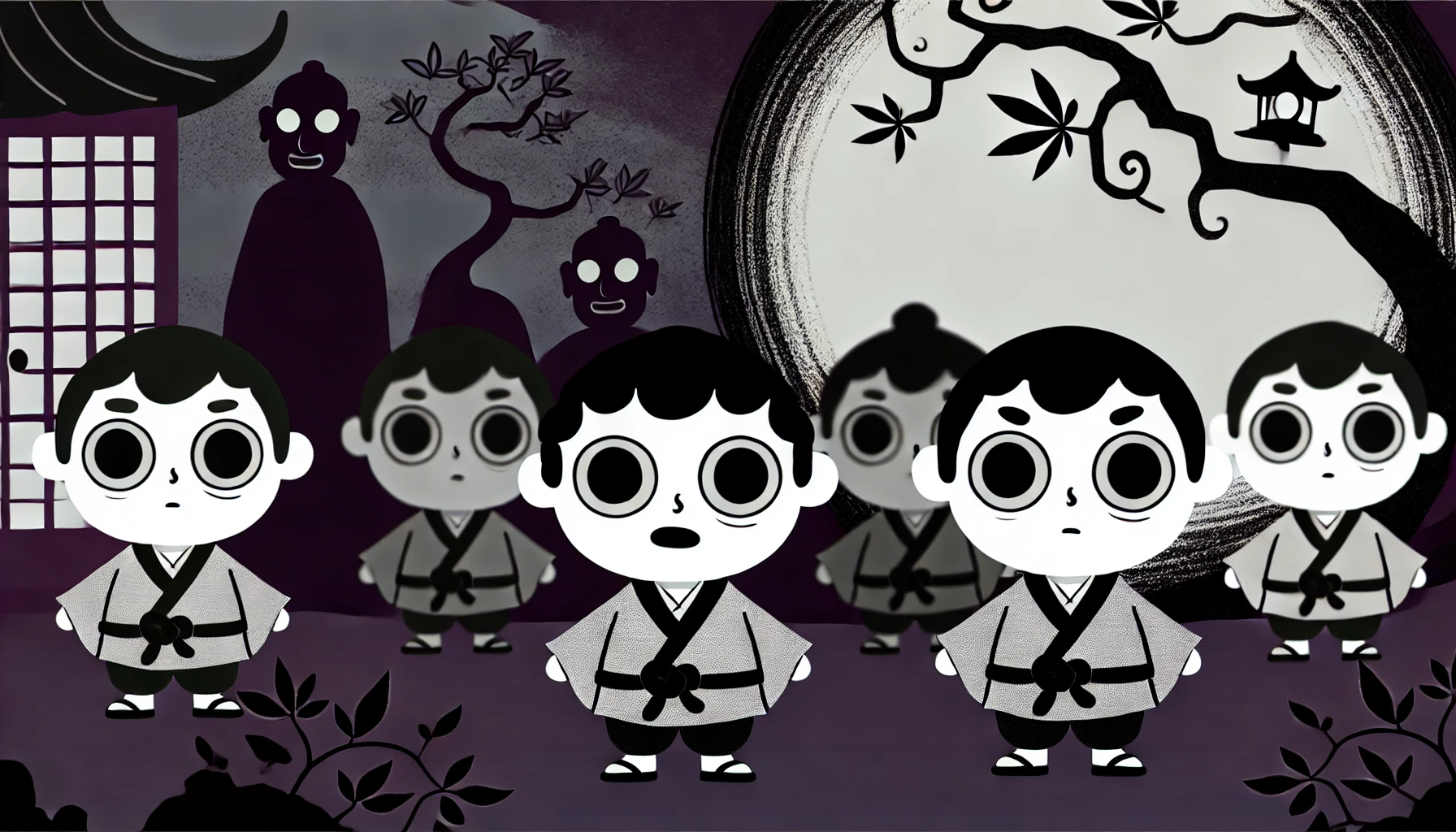 Cartoonish characters with a dark and eerie atmosphere, resembling 'chiikawa' style. The characters are small, round, and placed in a setting with dark shadows and spooky elements like twisted trees and a foggy background. Their expressions mix innocence with hints of fear or sadness, creating a sense of contrast and mystery in the visual.