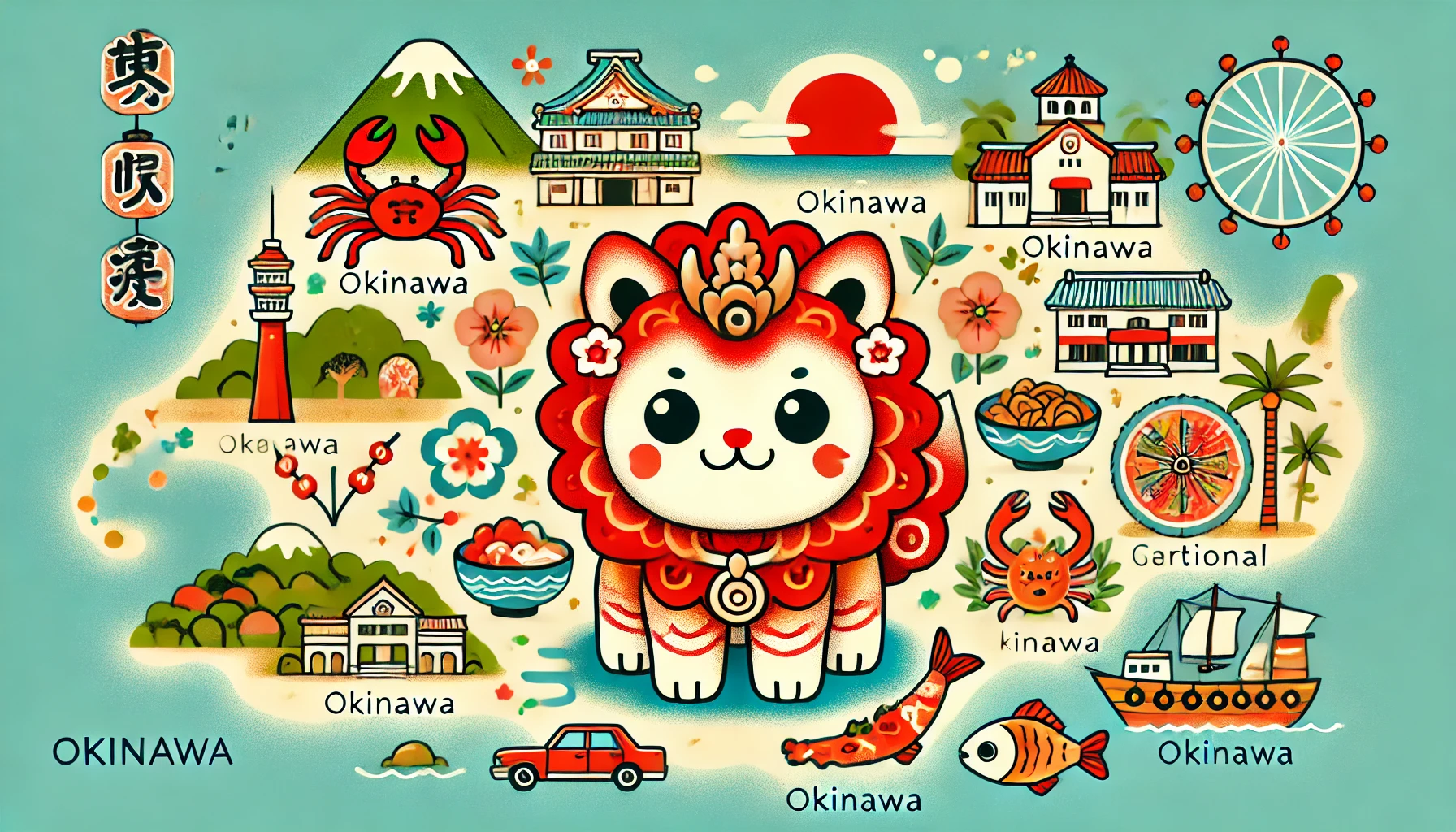 The Shisa-inspired cute character's deep connection with Okinawa, depicted in a whimsical and colorful setting resembling 'Chiikawa'. The character is surrounded by Okinawan elements like traditional food, cultural symbols, and natural landscapes, highlighting its cultural background.