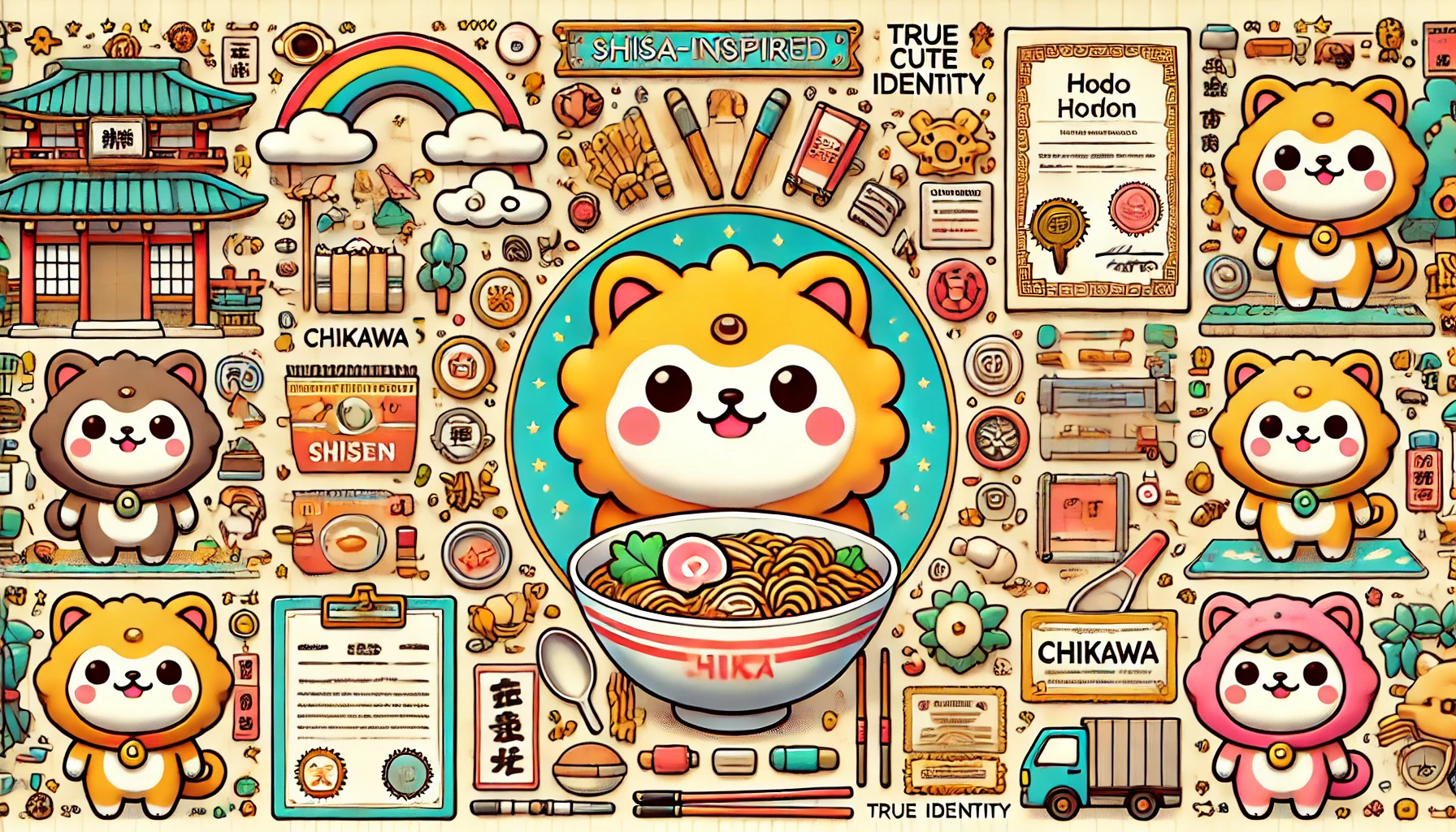 The Shisa-inspired cute character's true identity, depicted in a detailed, colorful world resembling 'Chiikawa'. The character is surrounded by items and symbols representing its background and role, such as a ramen bowl, a certificate, and other playful elements. The scene captures the character's essence and uniqueness.