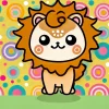 A cute character inspired by the Shisa, set in a whimsical, colorful world resembling 'Chiikawa'. The character has a mane-like feature around its face and slightly droopy eyebrows, radiating a warm, friendly aura. The background is playful and vibrant, fitting the 'Chiikawa' aesthetic.