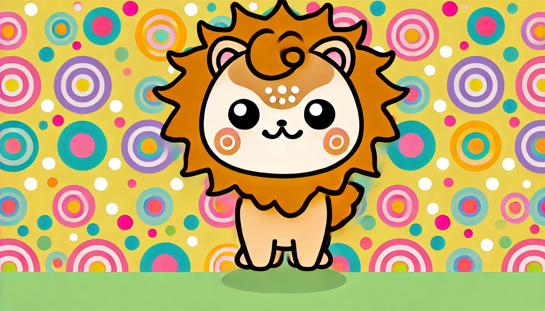 A cute character inspired by the Shisa, set in a whimsical, colorful world resembling 'Chiikawa'. The character has a mane-like feature around its face and slightly droopy eyebrows, radiating a warm, friendly aura. The background is playful and vibrant, fitting the 'Chiikawa' aesthetic.