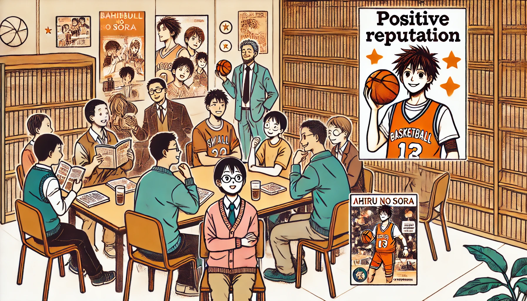 An illustration depicting the positive reputation of the basketball manga 'Ahiru no Sora' featuring the small protagonist. The scene shows a diverse group of Japanese people discussing the manga in a café or library. Some are reading the manga, others are talking enthusiastically about it. The atmosphere is warm and engaging, highlighting the manga's impact.