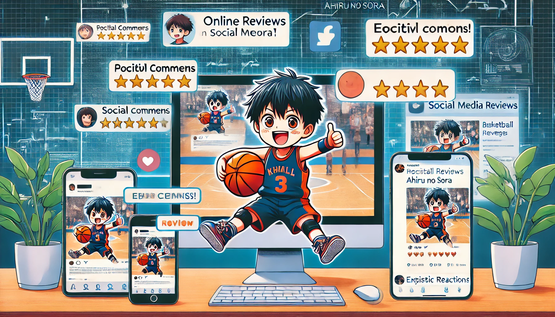 An illustration showing various online reviews and social media posts about the basketball manga 'Ahiru no Sora' featuring the small protagonist. The scene includes smartphone screens, computer monitors, and tablets displaying positive comments, ratings, and enthusiastic reactions. The background shows a modern digital space with a social media theme.