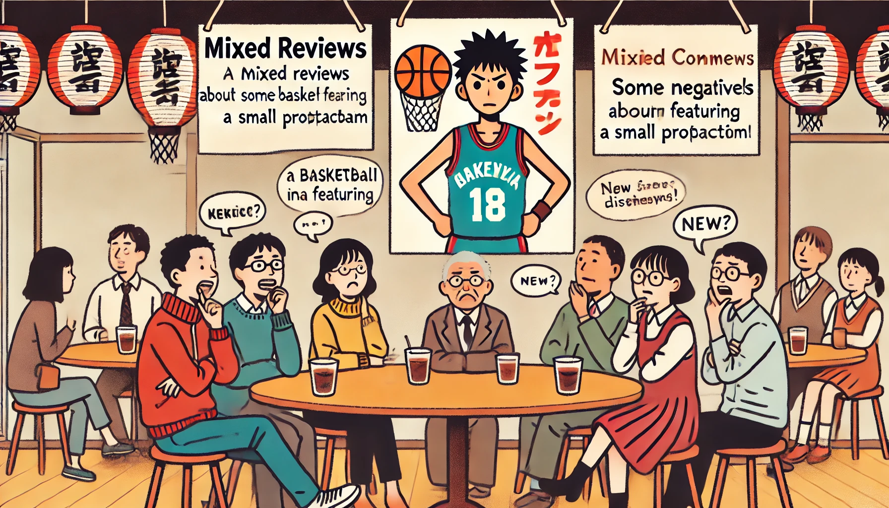 An illustration depicting mixed reviews and some negative comments about a basketball manga featuring a small protagonist. The scene includes a group of Japanese people in a discussion, some with skeptical expressions, while others are expressing dissatisfaction. The background is a casual indoor setting, like a café or living room.