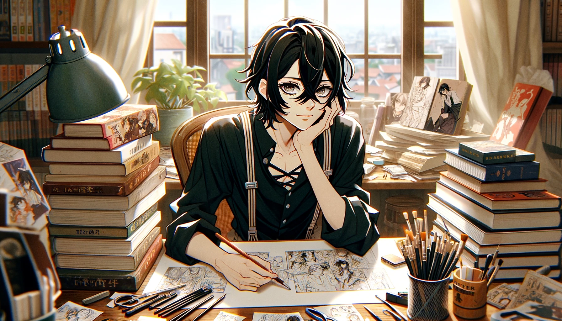 A young male manga artist with black long hair in a semi-princess cut, wearing a cutter shirt and suspenders, is sitting at a drawing desk littered with manga drawing tools and manuscripts. He has a thoughtful expression, as if he's contemplating his next story plot, surrounded by various manga books. The background shows a cozy artist's studio, with a large window revealing a cityscape outside, indicating he's in an urban setting. The scene captures a moment of creative process, filled with determination and a hint of daydreaming.