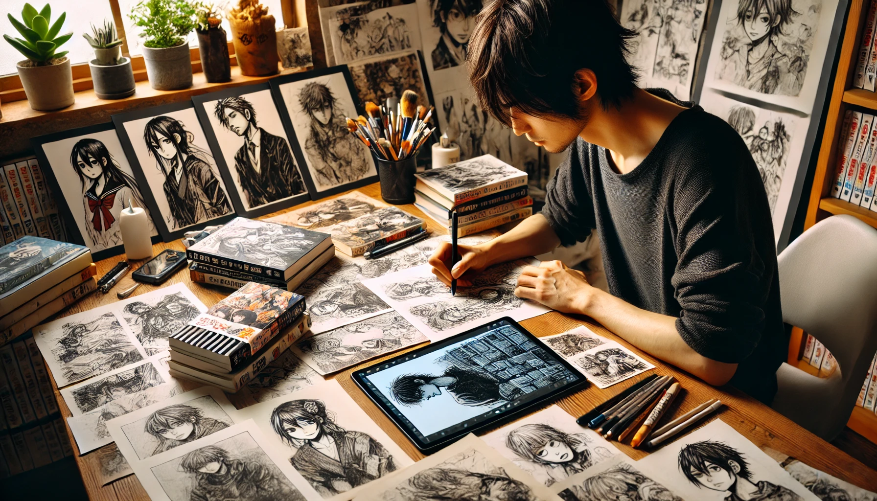 A-Japanese-manga-artist-intensely-focused-surrounded-by-various-sketches-and-completed-manga-pages.-The-workspace-is-artistic-and-slightly-cluttered