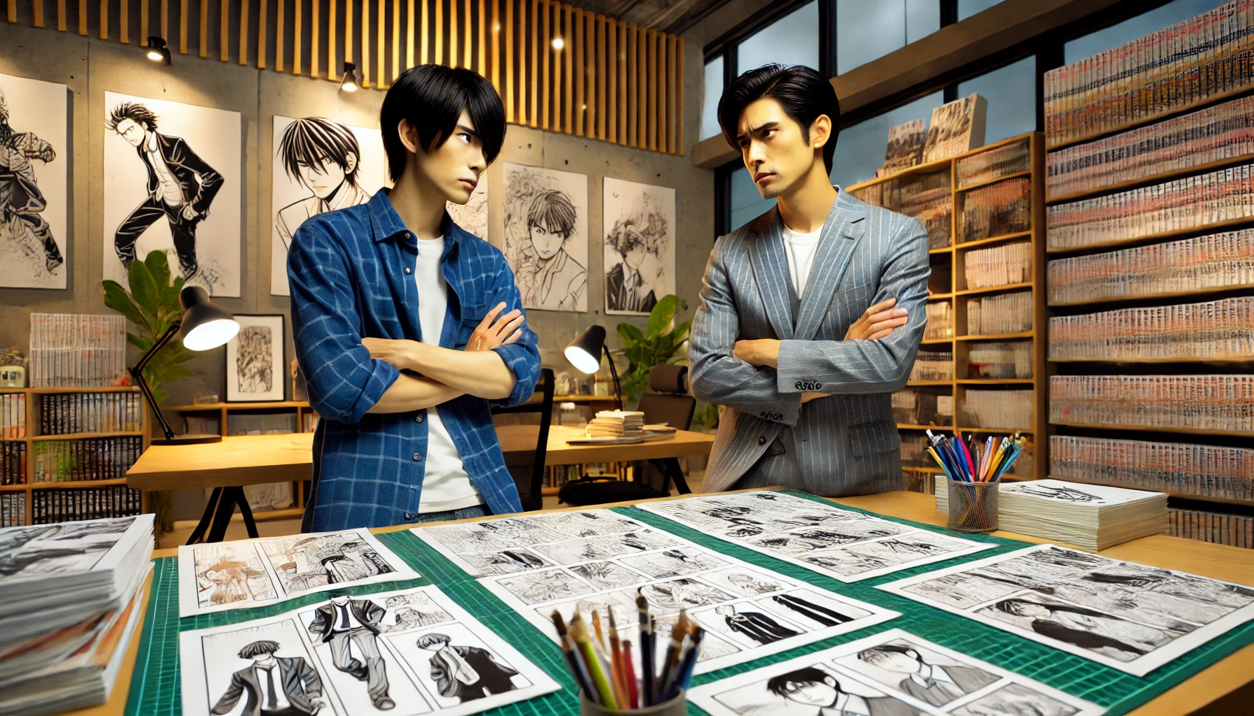 Two-Japanese-manga-creators-in-a-heated-discussion-in-a-modern-studio-with-storyboards-and-manga-drafts-on-the-table-between-them