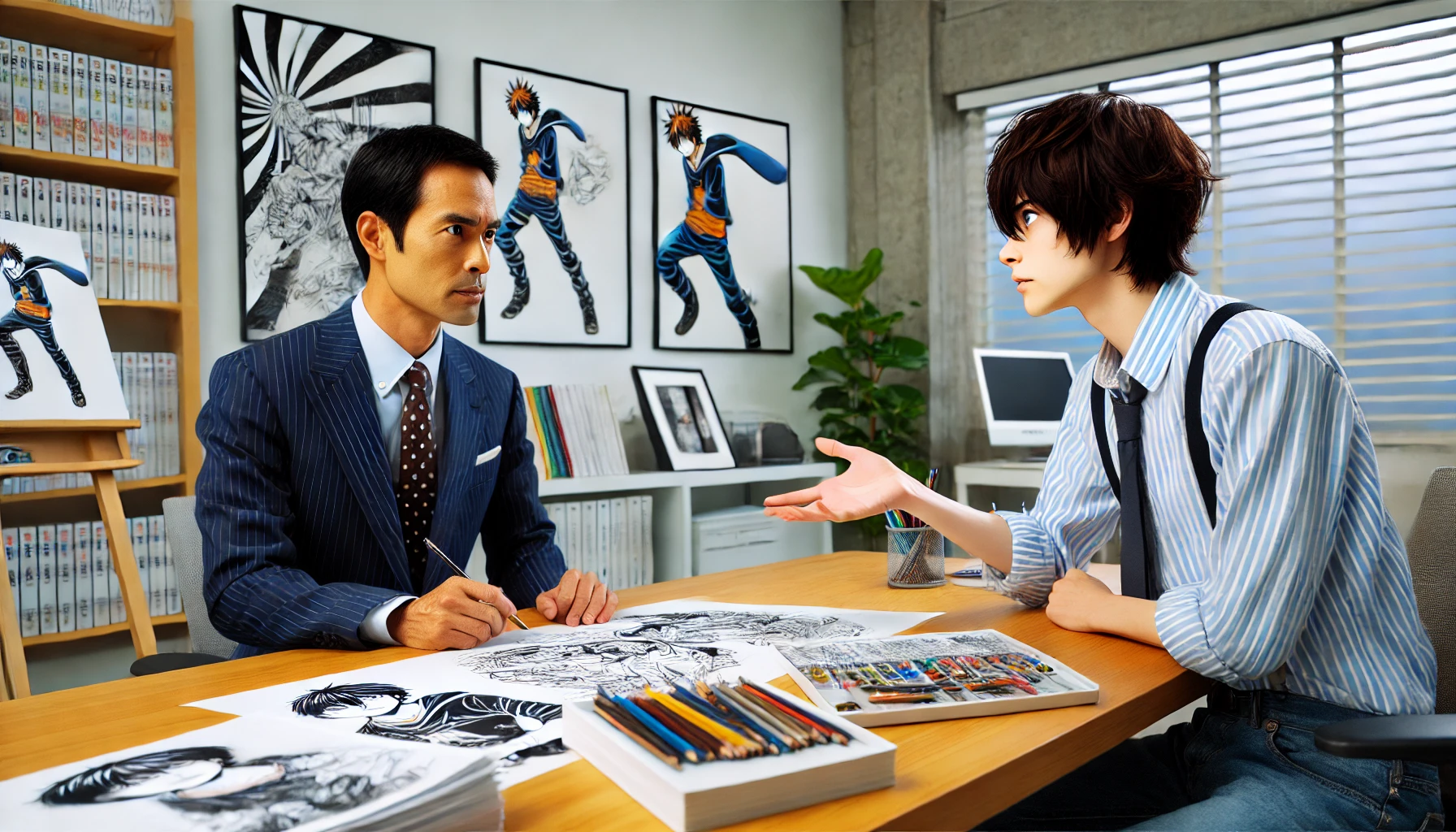 A-Japanese-manga-artist-sitting-at-a-desk-looking-frustrated-while-interacting-with-a-TV-producer-in-a-modern-studio-office