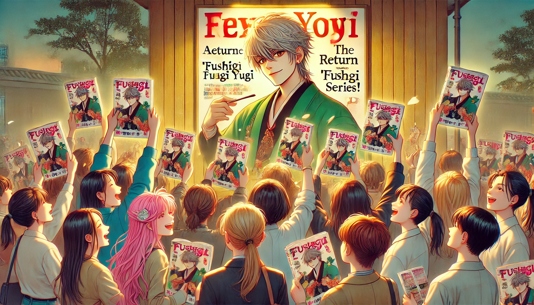 An image showing excitement and anticipation among fans as they read a poster announcing the return of 'Fushigi Yugi' manga series. The scene is vibrant and lively with fans holding copies of the manga.