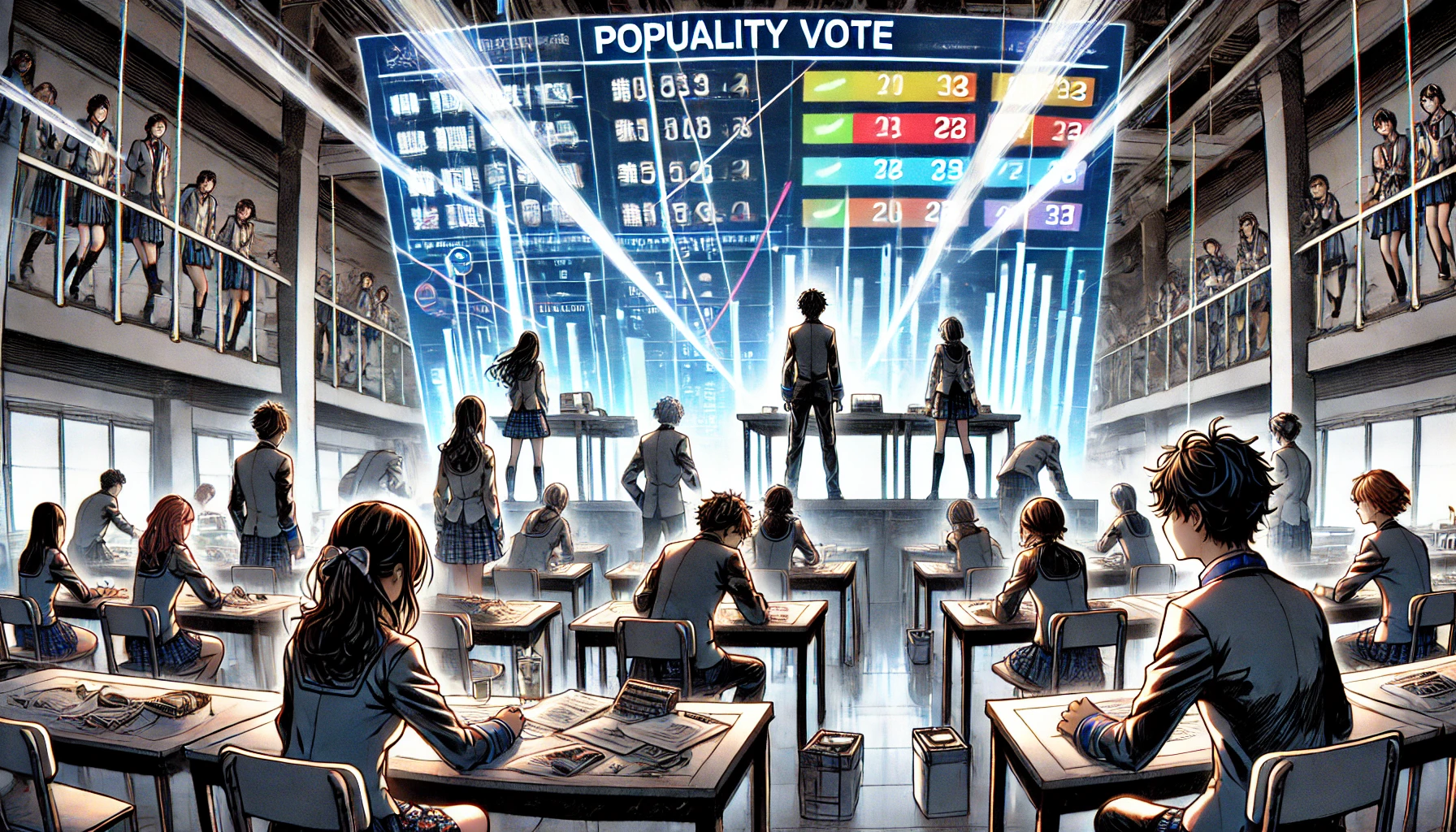 A dramatic scene from a manga where high school students with supernatural powers are shown discovering and correcting mistakes in a popularity vote. The setting is a modern classroom with digital screens displaying the incorrect results, while the students are focused on fixing the errors. The atmosphere is tense and determined, with a mix of manga-style action lines and detailed character expressions. The background shows a futuristic twist to the traditional classroom environment, blending the old and new. The characters are Japanese high school students, deeply engaged in the process.