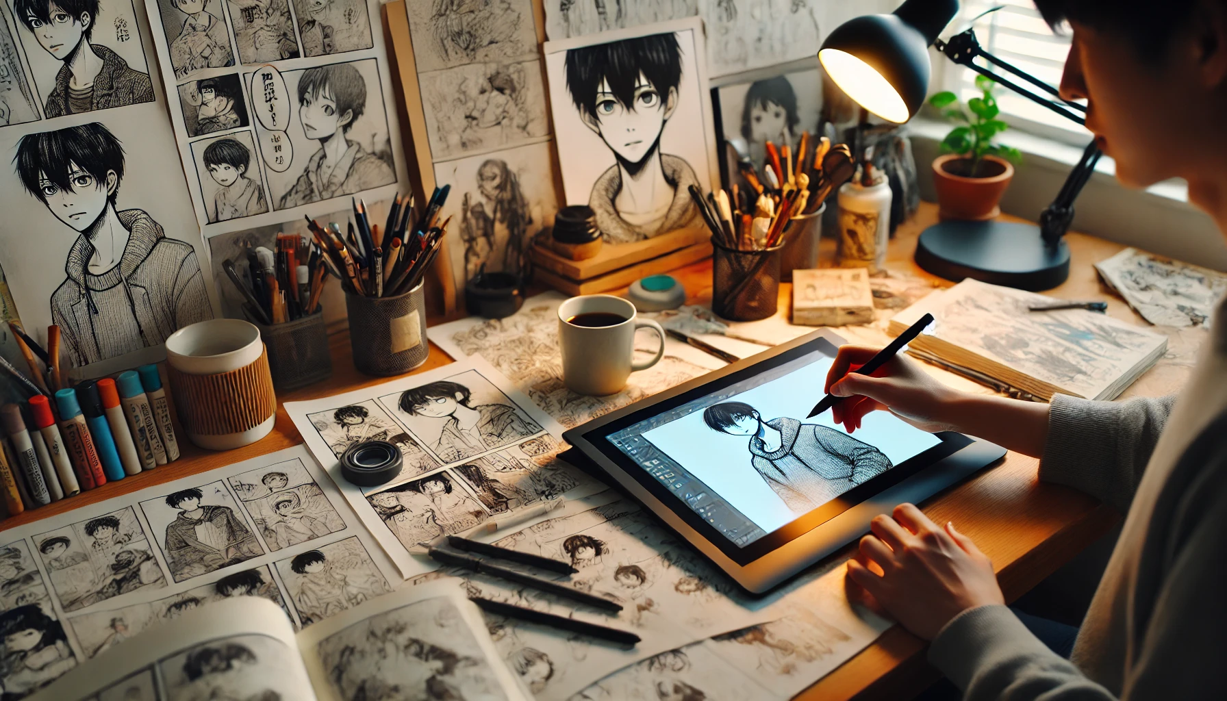 A Japanese manga artist's workspace with sketches, drawing tools, and a digital tablet on a desk. The workspace is neat but busy, with manga pages in progress, open reference books, and various art supplies scattered around. A coffee cup is on the desk, and a Japanese person (the artist) is partially visible, focusing on a detailed manga sketch. The overall atmosphere is creative and inspiring, with warm lighting illuminating the workspace.