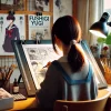 A rear view of a Japanese woman sitting at a desk, working on drawing manga panels for 'Fushigi Yugi'. The setting is a cozy, well-lit workspace with art supplies and reference materials scattered around.