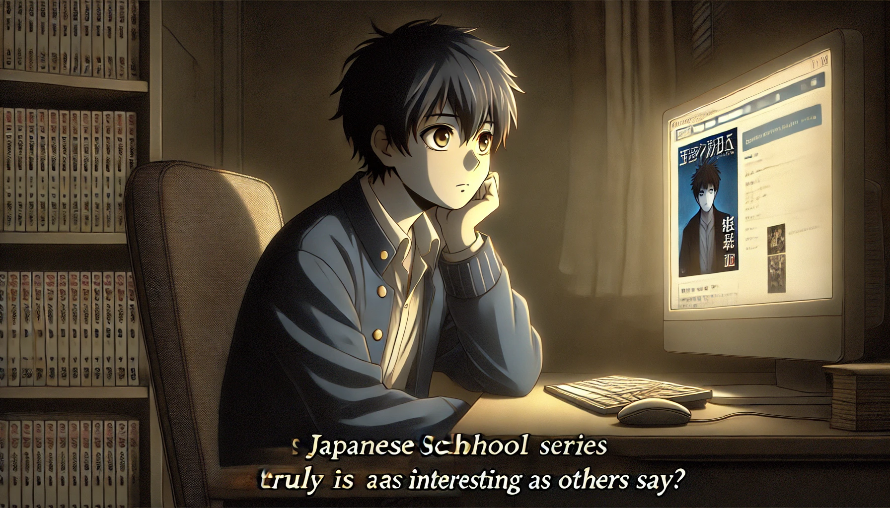 A Japanese high school student sitting alone in a dark room with a computer, looking contemplative, as they research online whether a supernatural-themed manga series is truly as interesting as others say. The room is dimly lit by the computer screen, creating a moody and introspective atmosphere. The student has a slightly puzzled expression, indicating their uncertainty about the series' appeal.