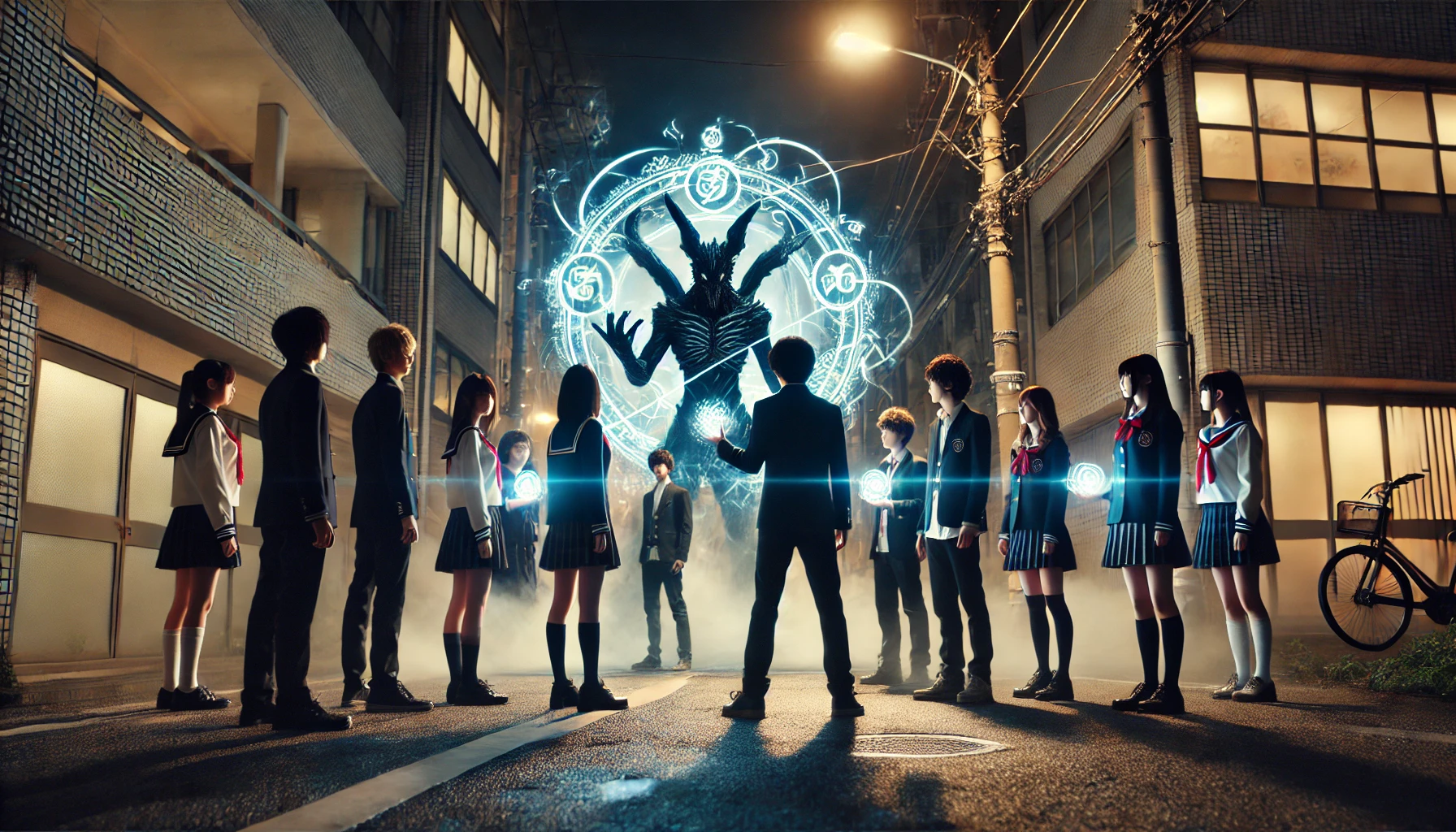 A group of Japanese high school students standing in an urban setting, ready to face a menacing, dark, and shadowy supernatural creature, with one of the students using a magical spell with glowing symbols and energy emanating from their hand. The setting is nighttime, with dim streetlights casting long shadows. The atmosphere is tense and mysterious, capturing both the excitement and danger of their task. The students are wearing modern Japanese school uniforms and have determined expressions.