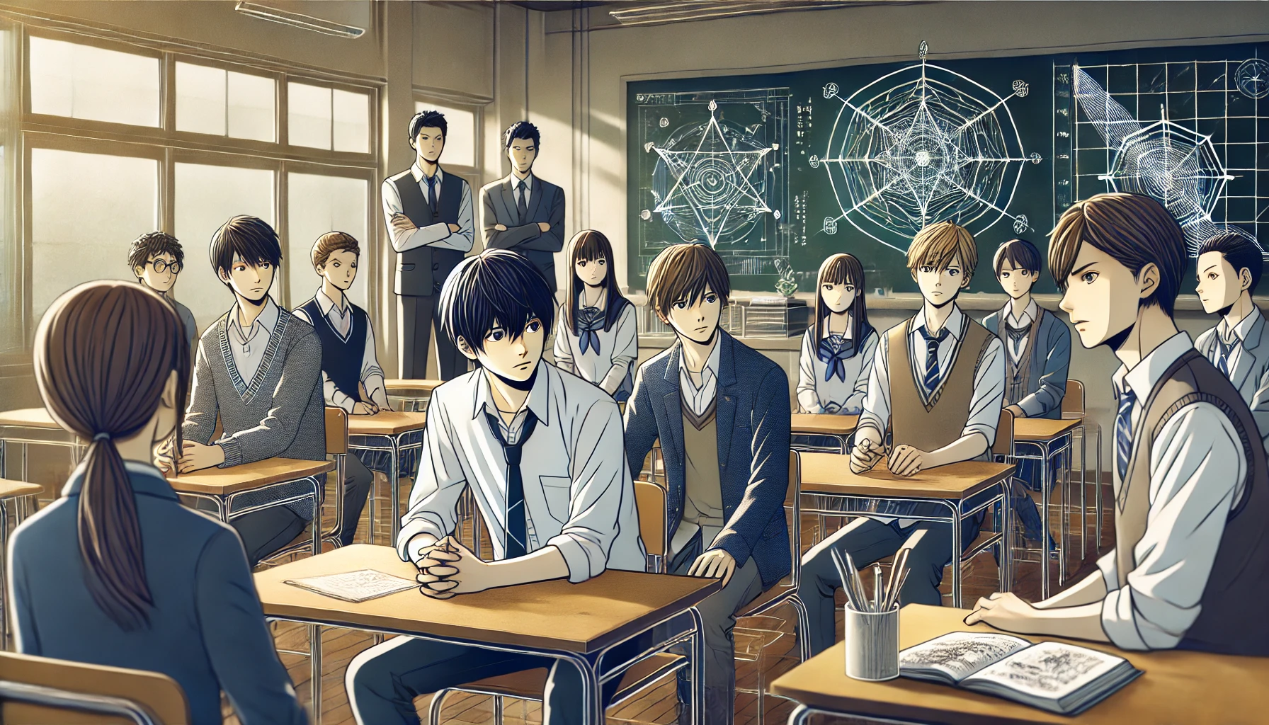 A group of Japanese high school students in a modern classroom setting, discussing their experiences fighting supernatural creatures. Some students are serious and focused while others are skeptical, creating a mix of emotions. The classroom is well-lit with large windows, and there is a chalkboard with drawings of mystical symbols. The atmosphere is a blend of curiosity and tension as they debate the challenges they face.