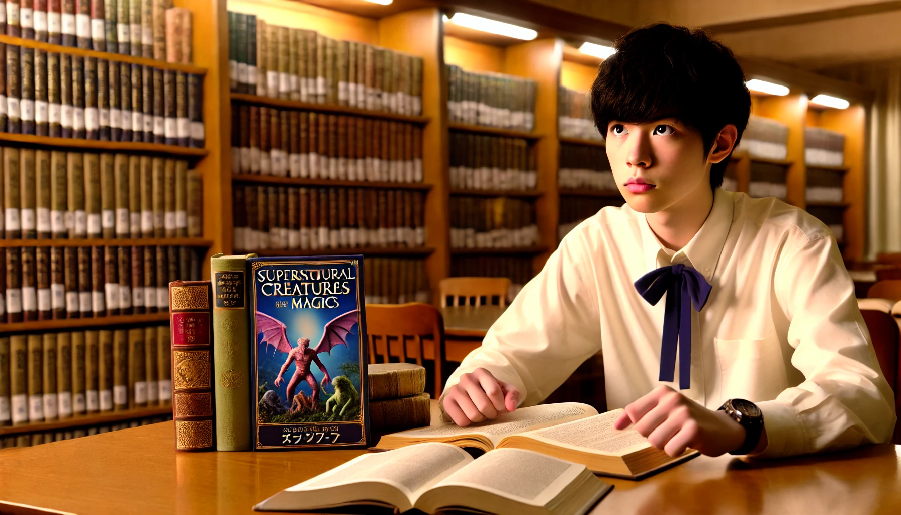 A Japanese high school student sitting at a desk in a library, surrounded by books on supernatural creatures and magic, trying to understand the deeper aspects of fighting them. The student looks thoughtful and somewhat perplexed, as they study ancient texts and scrolls. The setting is warm, with wooden bookshelves filled with old books, and a soft light illuminating the study area. The atmosphere is contemplative and introspective.