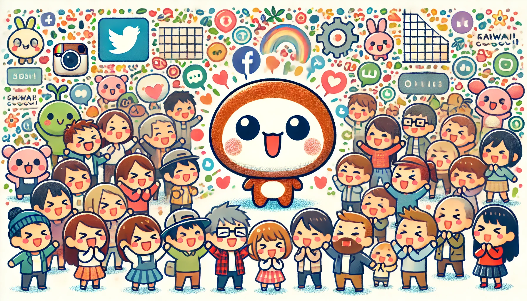 A whimsical, colorful illustration of a 'chiikawa-like' character that has gained widespread popularity. The character is surrounded by a diverse group of fans, including men, women, and children, in a cheerful, supportive atmosphere. The background features elements like social media icons, suggesting its popularity is partly due to online trends. The character itself should be cute, with big eyes, and a round body, and have an overall kawaii (cute) style that appeals to a broad audience. The scene should feel lively and heartwarming.