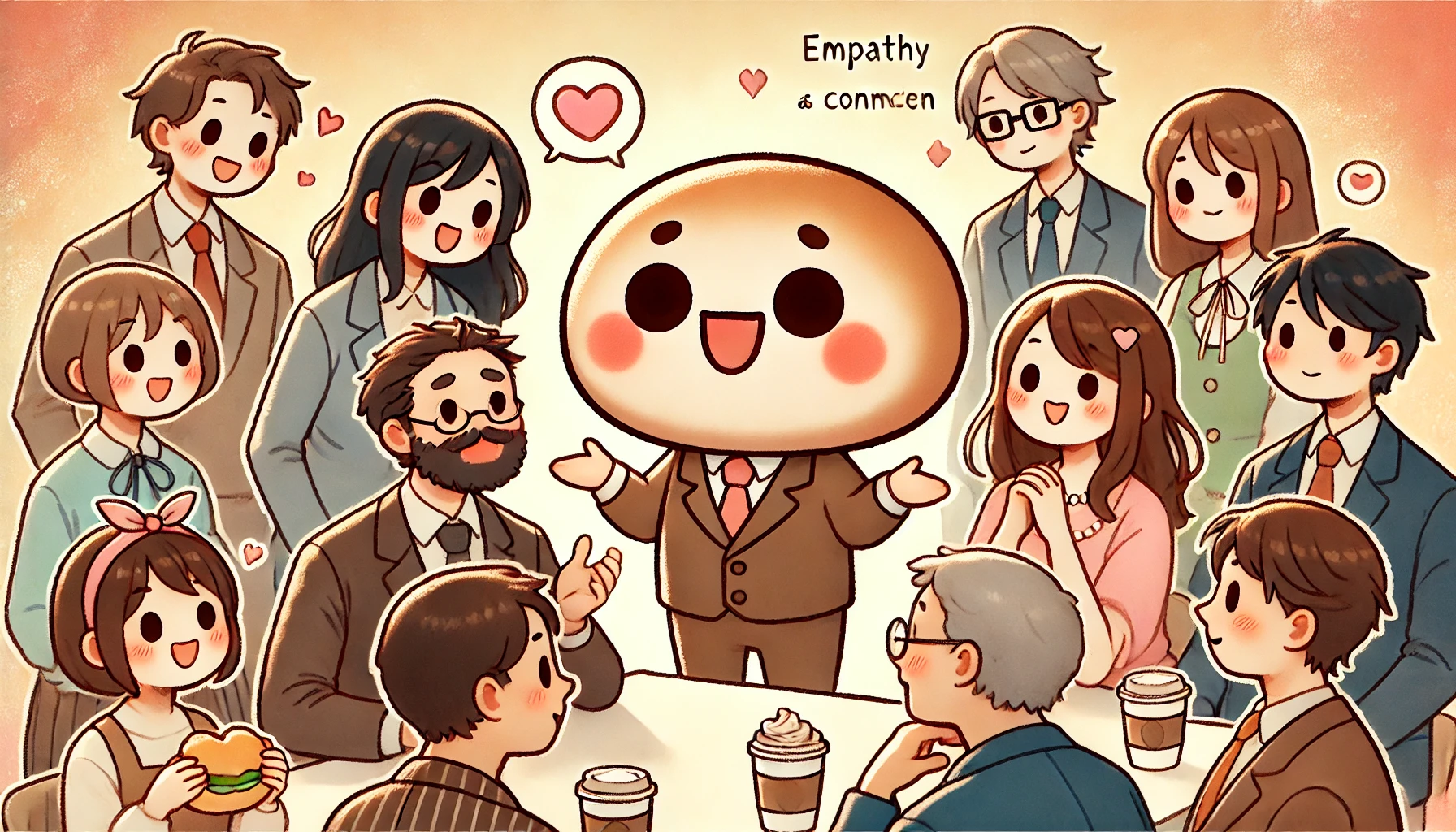 A charming and colorful illustration of a 'chiikawa-like' character that resonates with both men and women. The scene shows the character interacting with a group of men and women who are visibly engaged and happy, representing empathy and connection. The background should include soft, warm colors and subtle details that emphasize the character’s universal appeal and the emotional connection it fosters. The character should have a kawaii (cute) style, with big eyes and a round, expressive face, making it endearing to all genders.