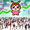 An image of a 'chiikawa'-style character, featuring a cute and small cartoon animal with big eyes, surrounded by a growing crowd of people of different ages, genders, and backgrounds. The scene should suggest a sense of increasing popularity and expansion, with vibrant colors and dynamic elements that indicate movement and growth. The background should include subtle hints of media, technology, and various social settings to emphasize the idea of a continuing and expanding trend.