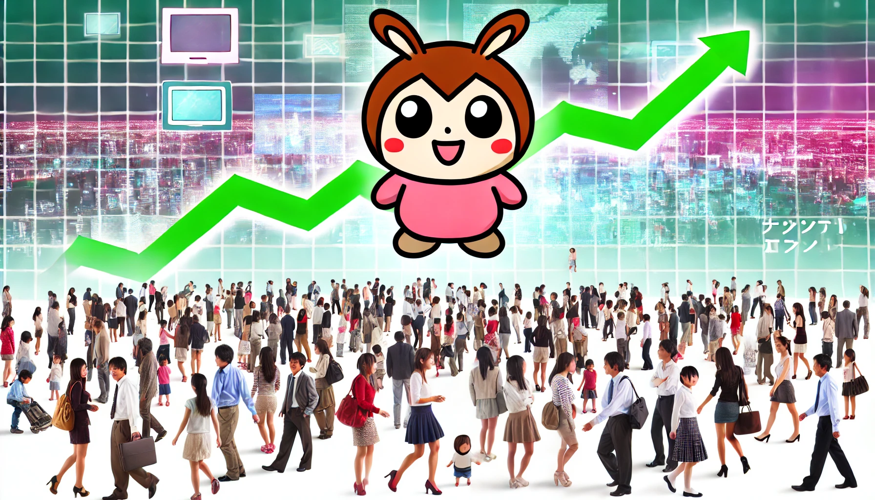 An image of a 'chiikawa'-style character, featuring a cute and small cartoon animal with big eyes, surrounded by a growing crowd of people of different ages, genders, and backgrounds. The scene should suggest a sense of increasing popularity and expansion, with vibrant colors and dynamic elements that indicate movement and growth. The background should include subtle hints of media, technology, and various social settings to emphasize the idea of a continuing and expanding trend.