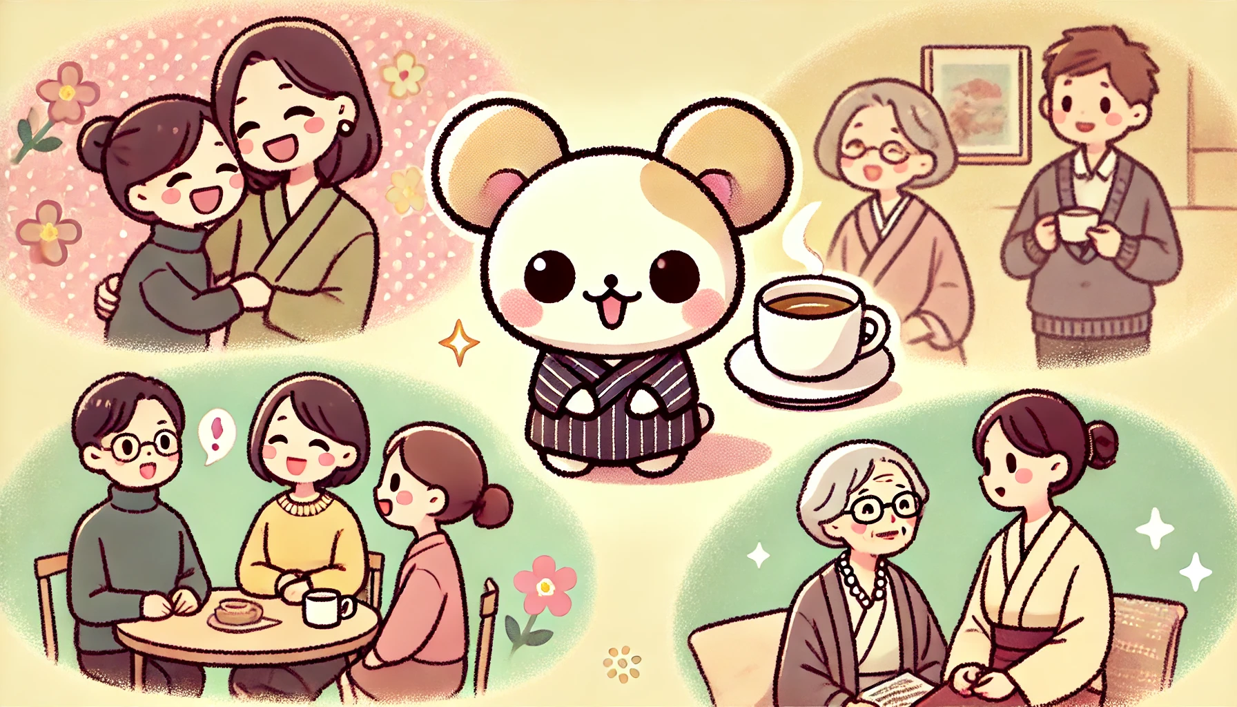 An image of a 'chiikawa'-style character, featuring a cute and small cartoon animal with big eyes, interacting with a group of women. The women should appear relaxed and happy, representing the character's appeal as a source of comfort and emotional connection. The background should include soft, pastel colors to enhance the feeling of warmth and relaxation. Include elements like cozy settings or small comforting details, like a warm drink or blanket, to emphasize the character's appeal to women seeking comfort.