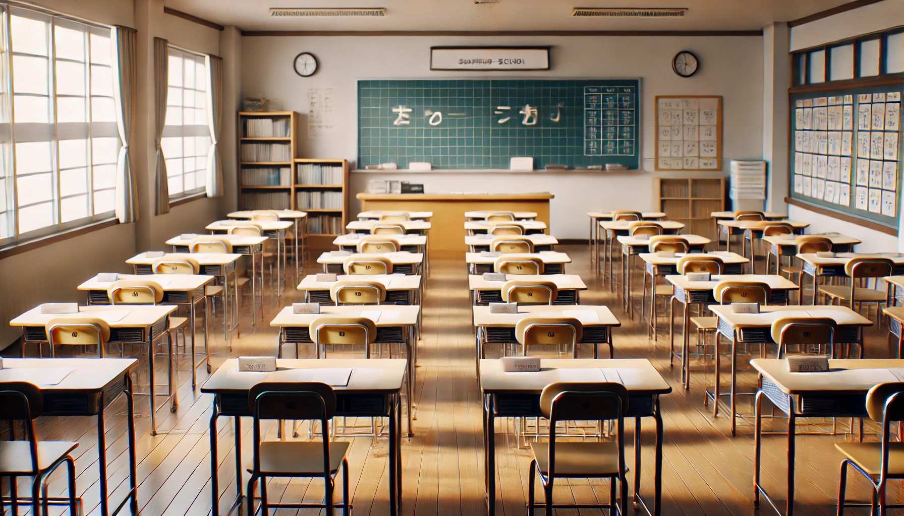 A classroom in a Japanese high school setting, with desks neatly arranged in rows according to a specific seating chart. The atmosphere is calm, with bright natural light streaming through the windows. The seating arrangement suggests a focus on specific students, with name tags visible on the desks. The classroom is clean, with traditional elements like a blackboard and wooden floors visible. There are no students present in the image, just the classroom setup.