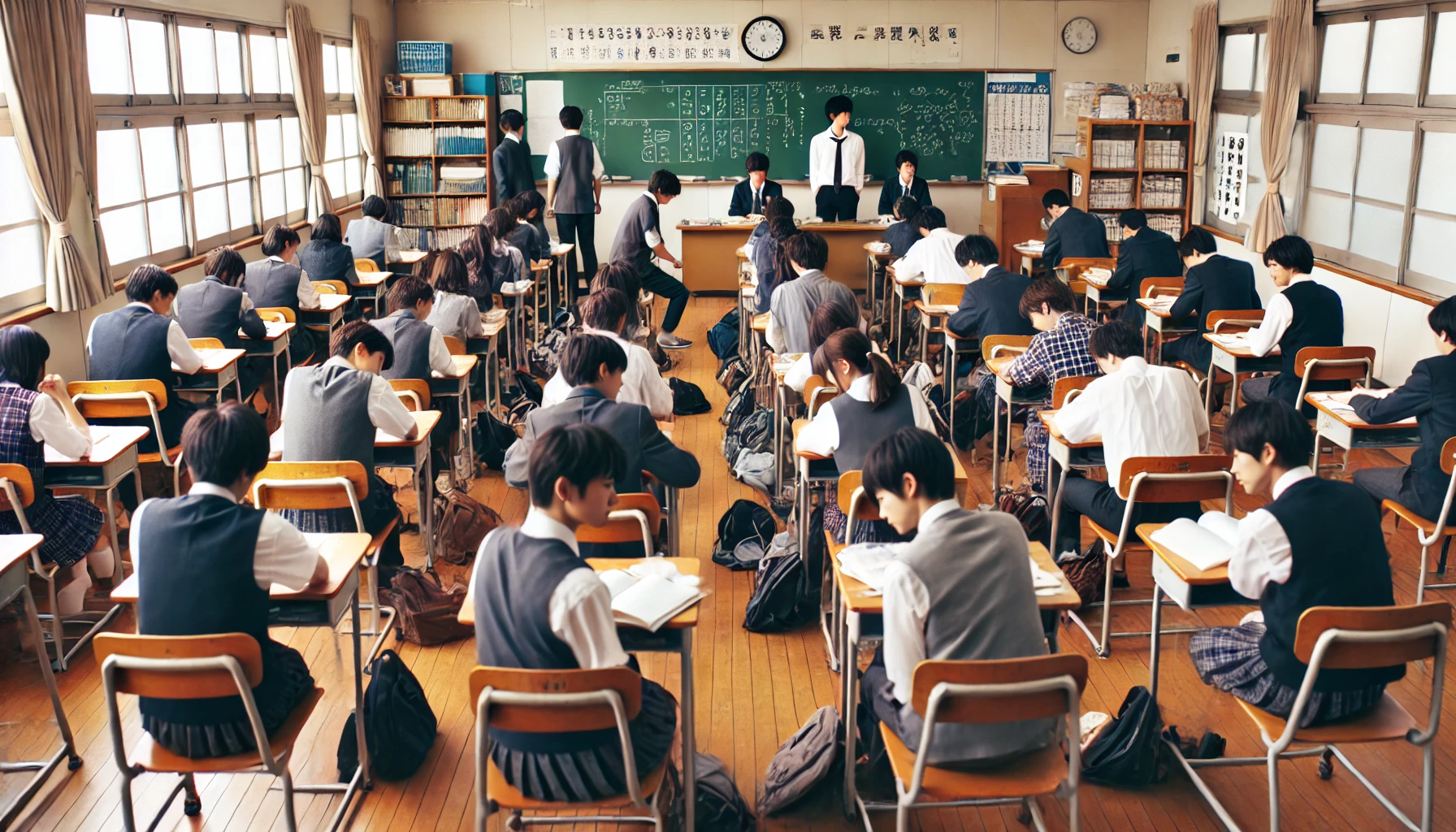 A classroom in a Japanese high school, showing students sitting in rows, with some students changing seats while others chat casually. The atmosphere is lively but organized, reflecting a typical classroom environment during a seat change. Desks are arranged in a new seating order, and the blackboard in the background has some scribbles and notes. The students are Japanese, dressed in standard school uniforms, and the room is brightly lit with natural light from the windows.