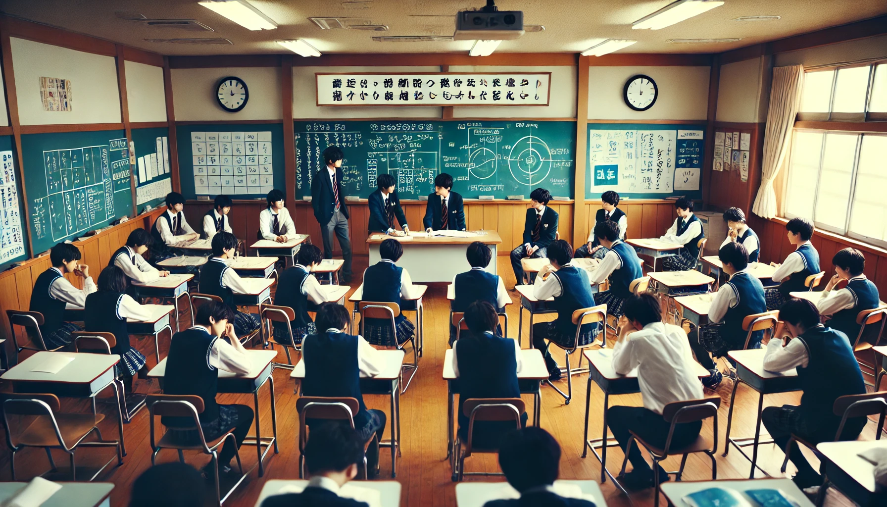 A dynamic scene of a Japanese high school classroom, where students are seated in pairs, engaged in group activities or discussions. The focus is on the classroom setting during a typical high school sports day preparation or a strategy meeting for a school event. The atmosphere is serious yet collaborative. The students are Japanese, wearing school uniforms, and the room is filled with desks arranged for easy communication. The blackboard has notes and diagrams related to the event being planned.