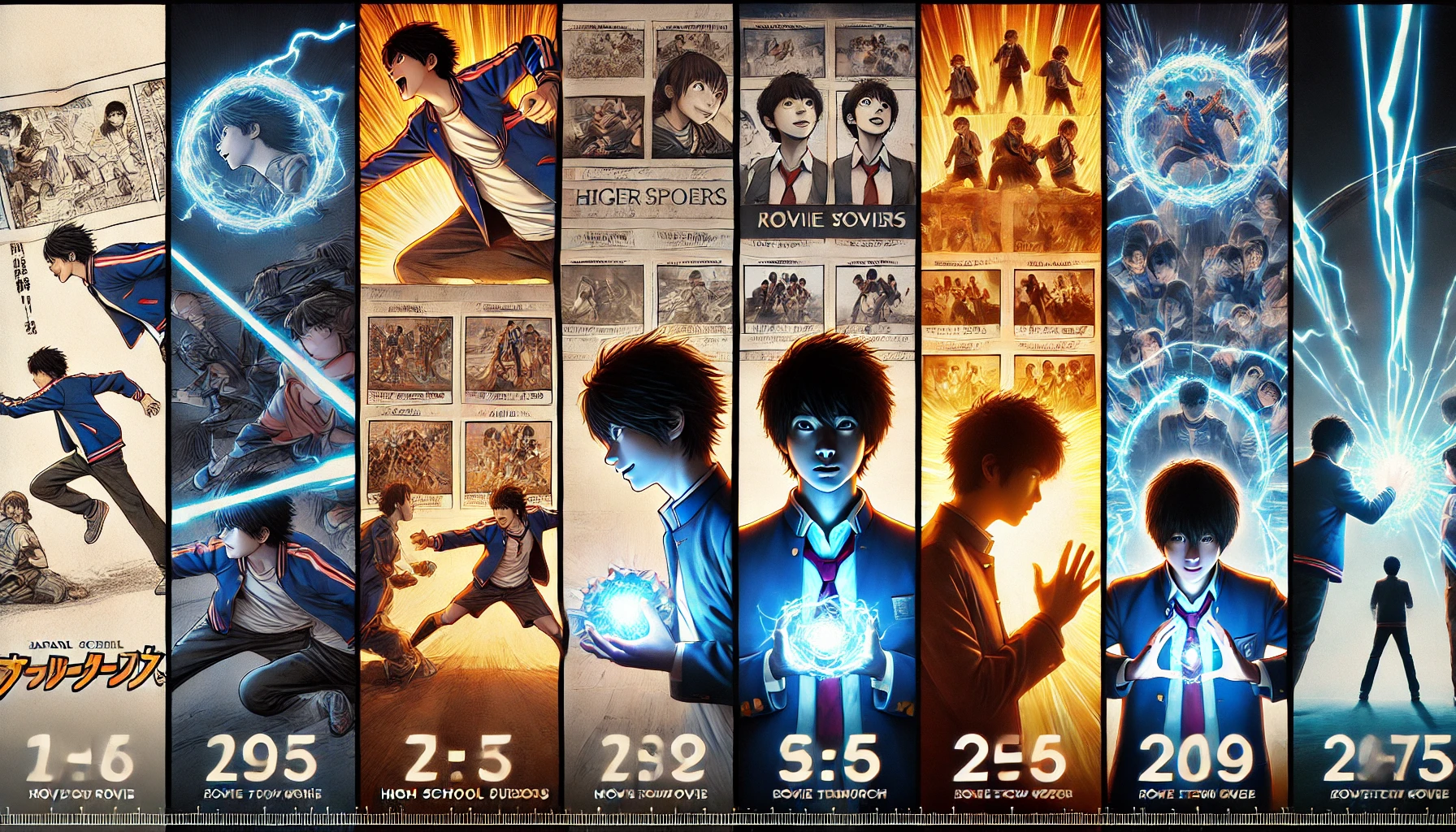 A cinematic collage featuring four distinct scenes from a Japanese manga-based movie about high school students with superpowers. The first scene shows a dynamic action shot of a Japanese high school student with glowing powers. The second scene depicts four movie posters lined up in sequence, representing the order to watch these movies. The third scene features a timeline or yearbook-style layout showing the four movies with their release years, arranged horizontally. The final scene captures a lively moment of the high school students using their powers in a strategic or teamwork-oriented scenario. All characters are Japanese, and the image has a widescreen (16:9) cinematic aspect ratio.