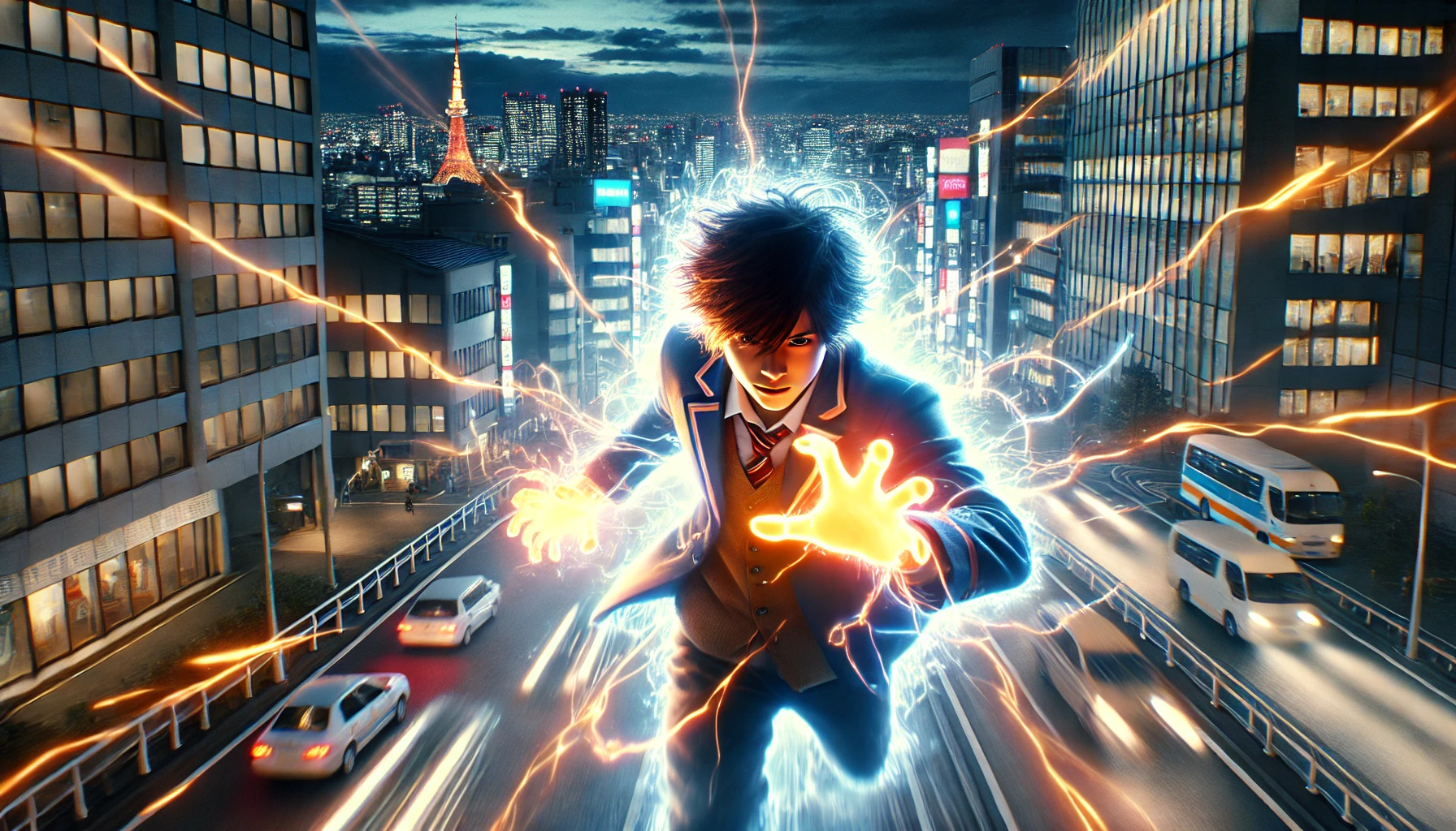 A cinematic scene from a Japanese manga-based movie about high school students with superpowers. The image shows a dynamic action shot of a Japanese high school student with glowing powers, with a cityscape in the background. The character is in mid-action, with energy radiating from their hands, showcasing their superhuman abilities. The image is wide (16:9) and captures the intensity and excitement of the moment.