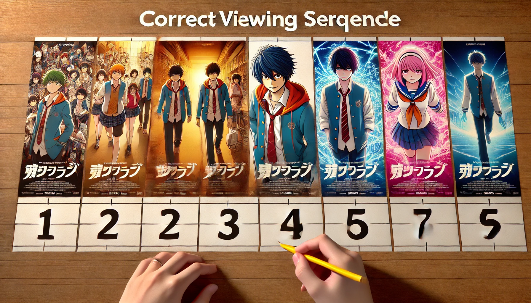 A scene showing four movie posters from a Japanese manga-based movie series about high school students with superpowers. The posters are lined up in sequence, representing the correct order to watch these four movies. Each poster features a different key character with their unique abilities on display. The layout is clean and organized, with a focus on helping viewers understand the correct viewing sequence. The image is wide (16:9) and captures the essence of each movie in the series.