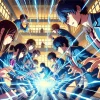 A dynamic scene from a Japanese manga-based movie series about high school students with superpowers, showcasing a strategic or teamwork-oriented scenario. The characters, who are Japanese high school students, are seen using their superpowers in a coordinated effort against a formidable enemy. The scene captures the intensity and camaraderie among the students as they combine their abilities to overcome a challenge. The image is wide (16:9) and focuses on the action and teamwork.