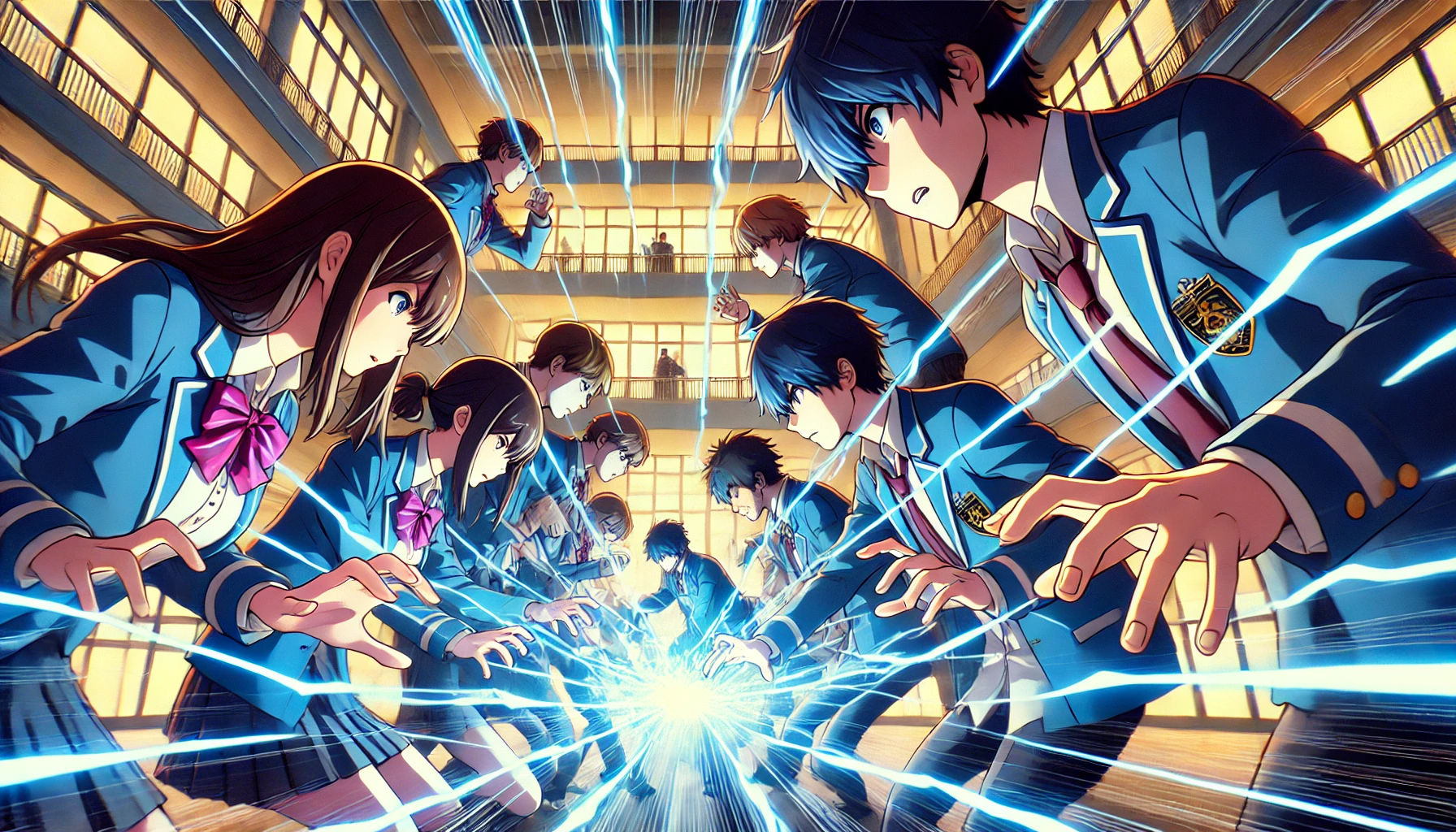 A dynamic scene from a Japanese manga-based movie series about high school students with superpowers, showcasing a strategic or teamwork-oriented scenario. The characters, who are Japanese high school students, are seen using their superpowers in a coordinated effort against a formidable enemy. The scene captures the intensity and camaraderie among the students as they combine their abilities to overcome a challenge. The image is wide (16:9) and focuses on the action and teamwork.