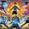 A dynamic manga-style scene featuring various high school students each displaying different superpowers. One student is surrounded by flames, another is generating electricity, a third is levitating objects, and another is manipulating water. The setting is a typical Japanese high school, with students wearing traditional uniforms, set against a vibrant background of a schoolyard with trees and a modern school building. The style is inspired by shonen manga, with intense action lines and expressive characters.