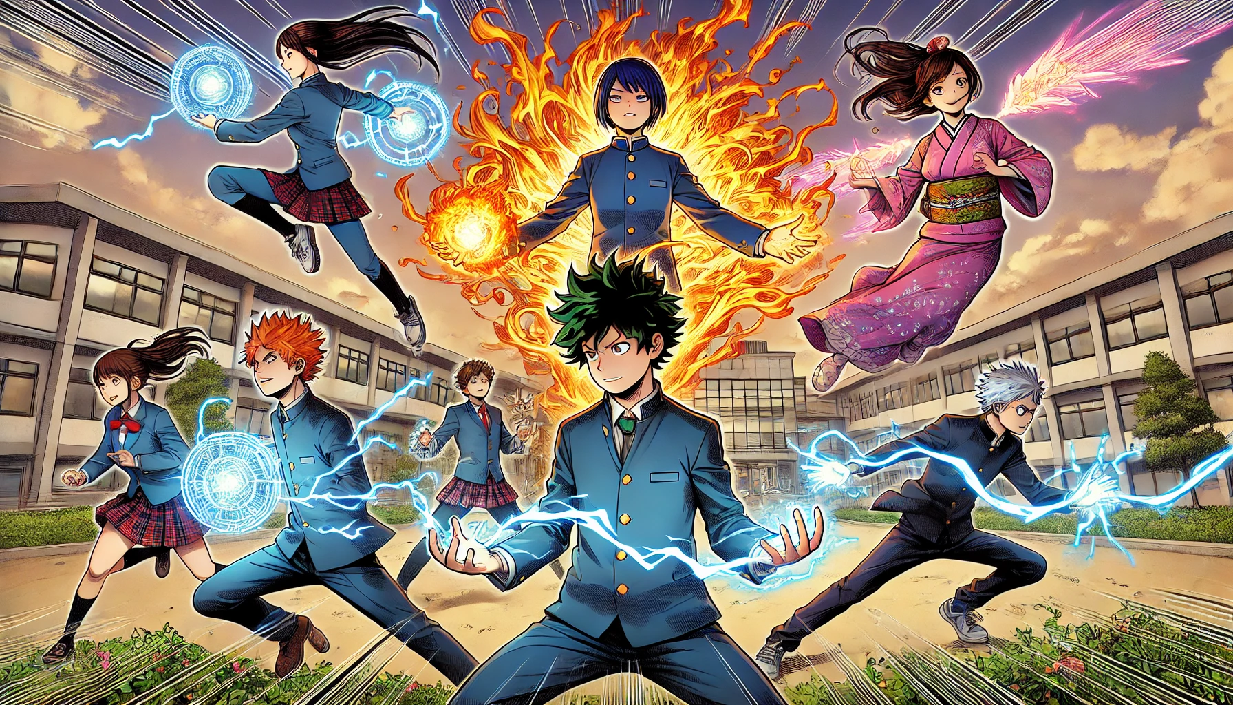 A dynamic manga-style scene featuring various high school students each displaying different superpowers. One student is surrounded by flames, another is generating electricity, a third is levitating objects, and another is manipulating water. The setting is a typical Japanese high school, with students wearing traditional uniforms, set against a vibrant background of a schoolyard with trees and a modern school building. The style is inspired by shonen manga, with intense action lines and expressive characters.