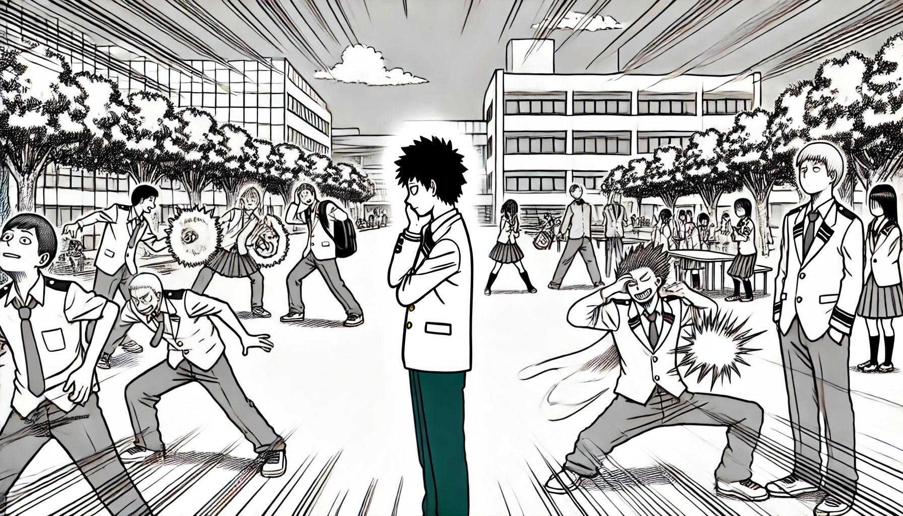 A manga-style scene depicting a Japanese high school student standing alone in the middle of a bustling schoolyard. All around him, other students are using their superpowers, creating a contrast as he remains powerless. The protagonist has a thoughtful expression, observing the chaos of superpowers around him. The setting is a typical Japanese high school, with a modern building in the background and trees lining the schoolyard. The scene conveys a sense of isolation despite being surrounded by others, with a focus on the protagonist's internal struggle.