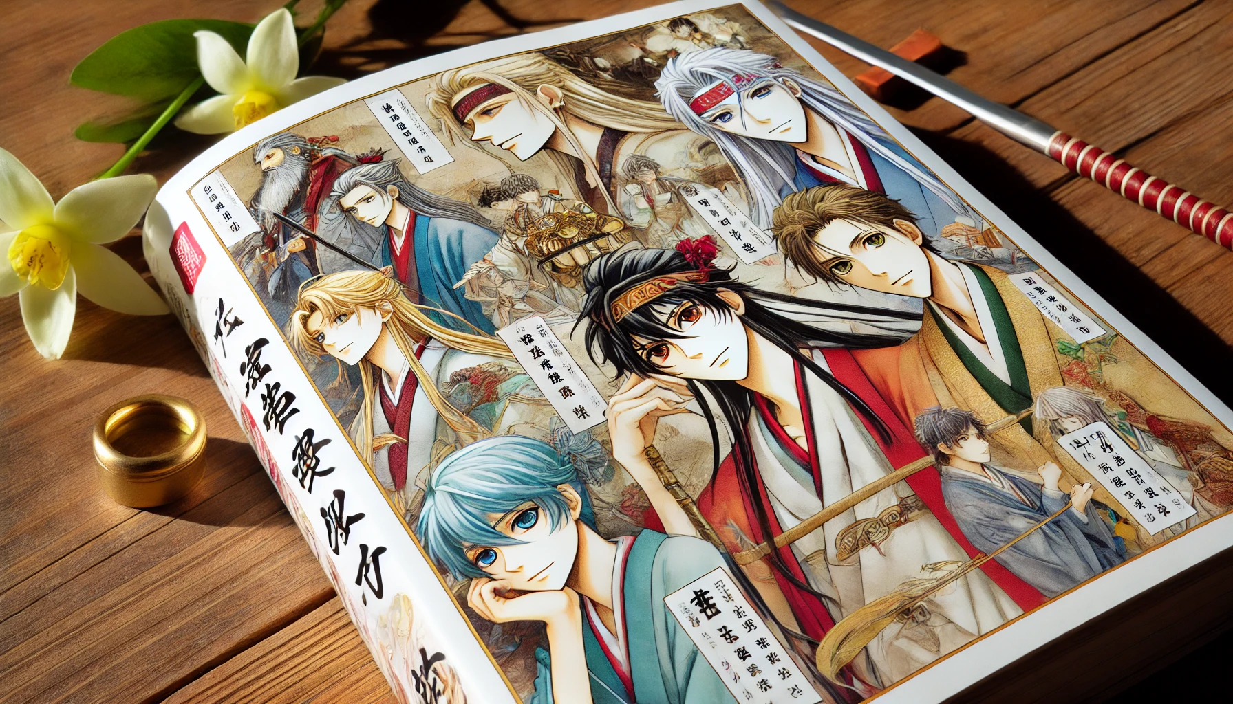 A detailed image of a manga book titled 'Fushigi Yugi' on a table, with some character illustrations visible, giving a sense of an engaging storyline.